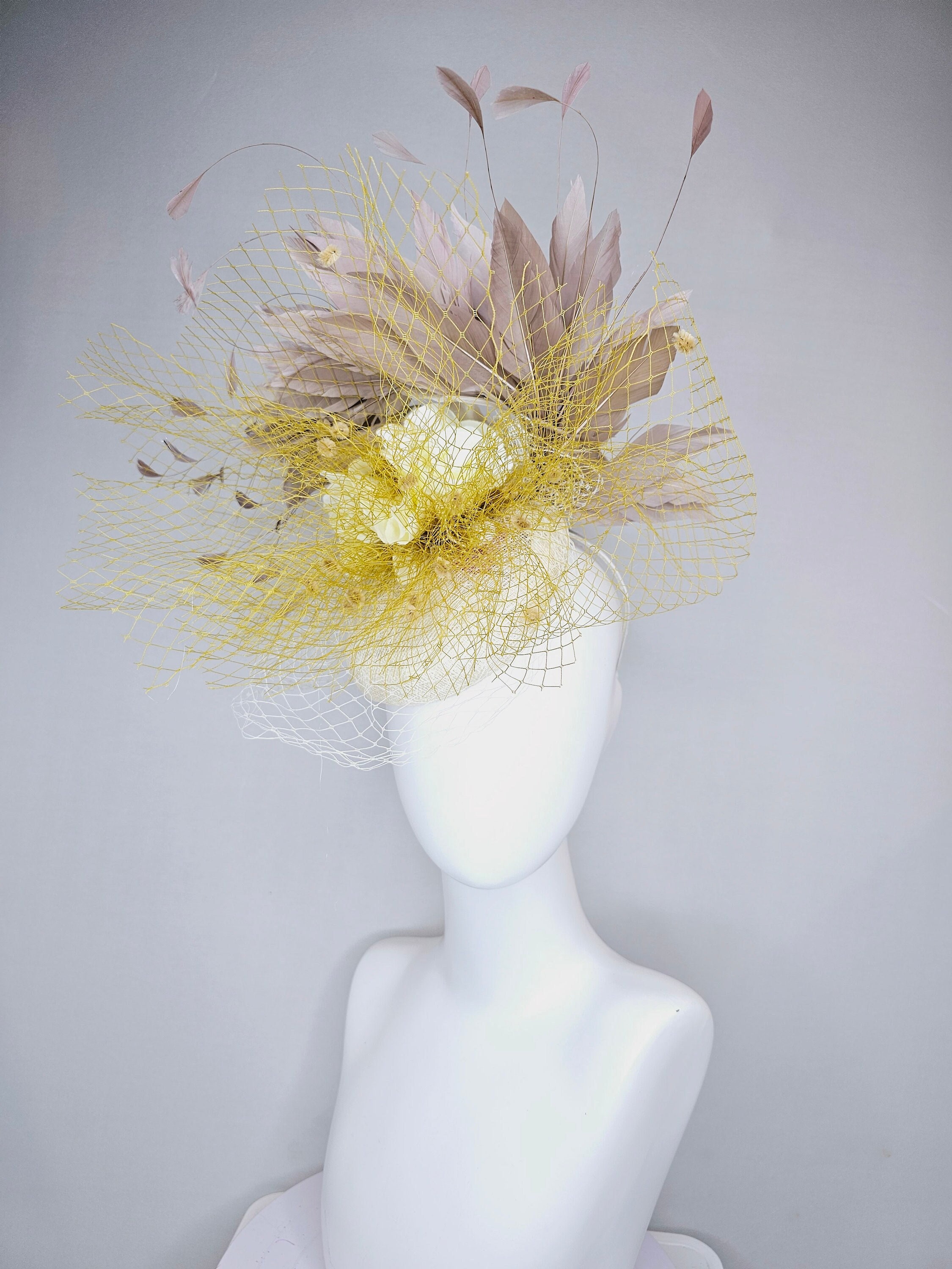 Yellow Kentucky Derby Fascinator Hat – Floral Feather Mesh Fascinator for Derby Yellow Blue Kentucky Derby Hat, Blue Yellow Fascinator Hat  main image 2