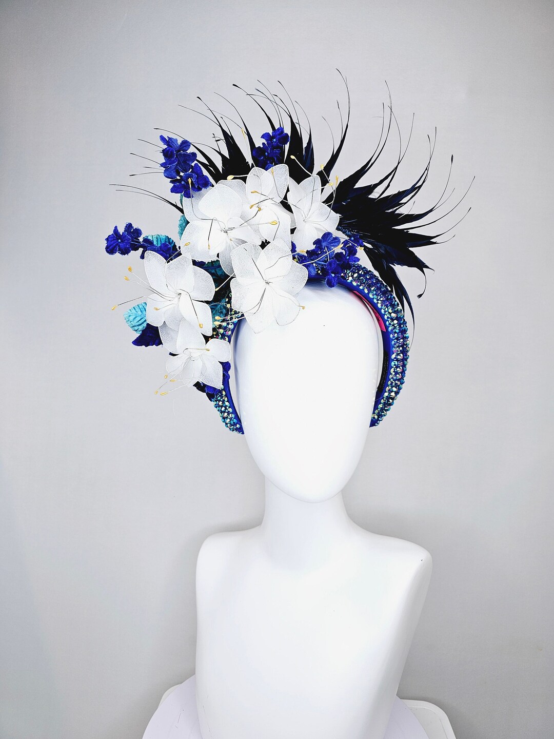 Kentucky Derby Hat Fascinator Iridescent Blue Rhinestone 