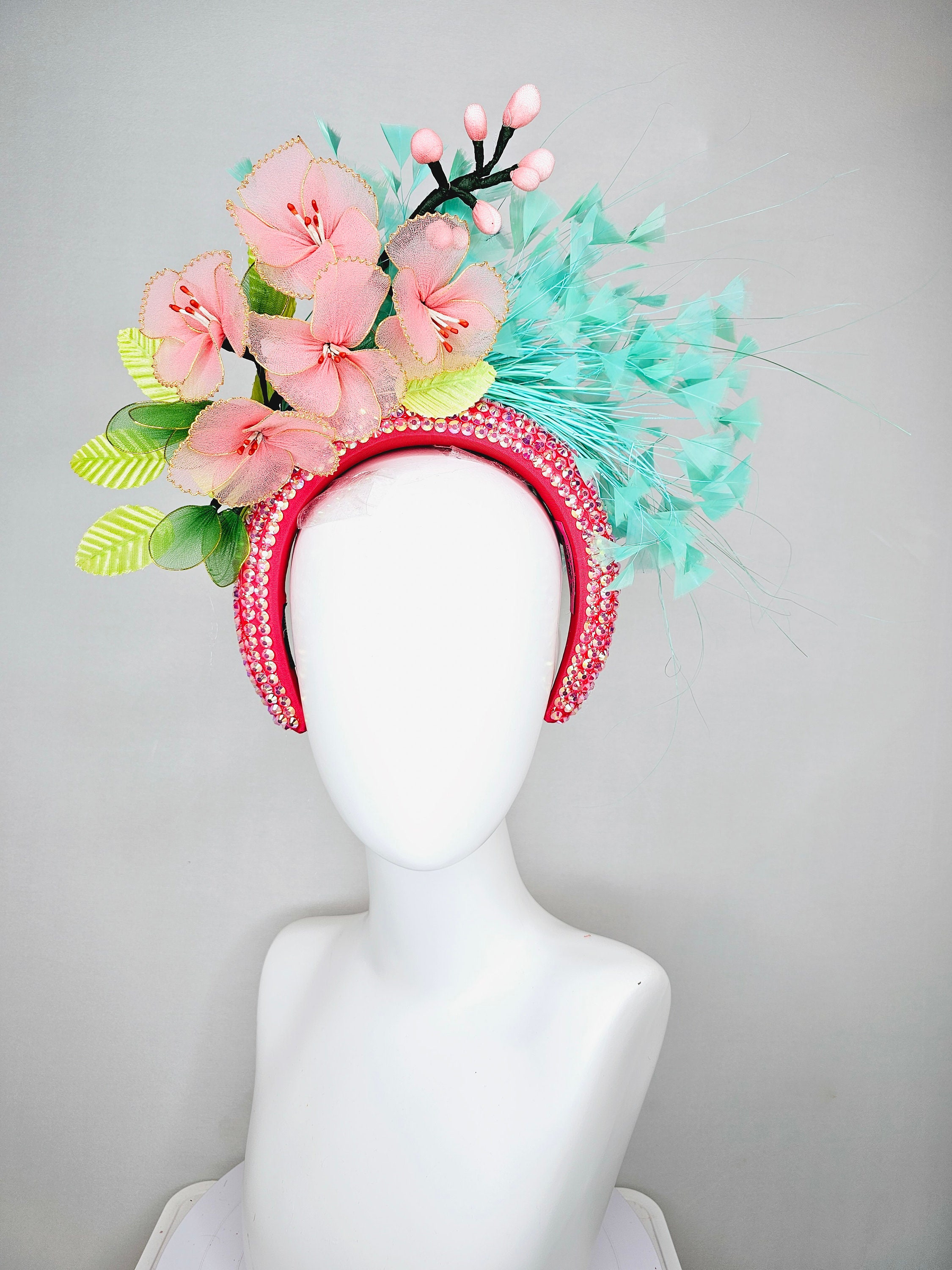Kentucky Derby Hat Fascinator Turquoise Blue Feathers on  display picture 3