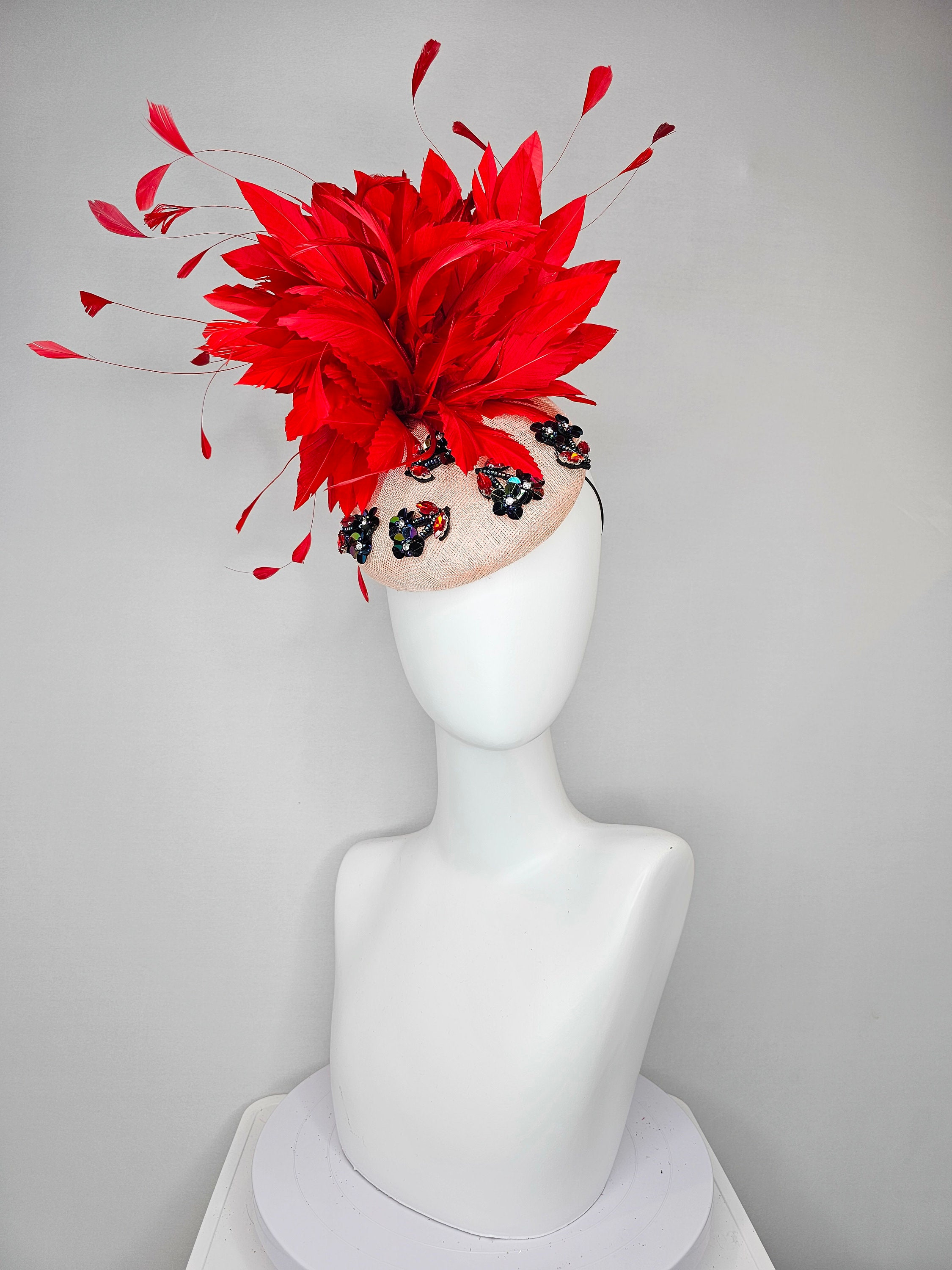 KY Derby Rose Red Feather Sinamay Disc Hat Wide Brim Formal Fascinator Red Kentucky Derby Fascinator, Red Wedding Hat, Red Royal  main image 2