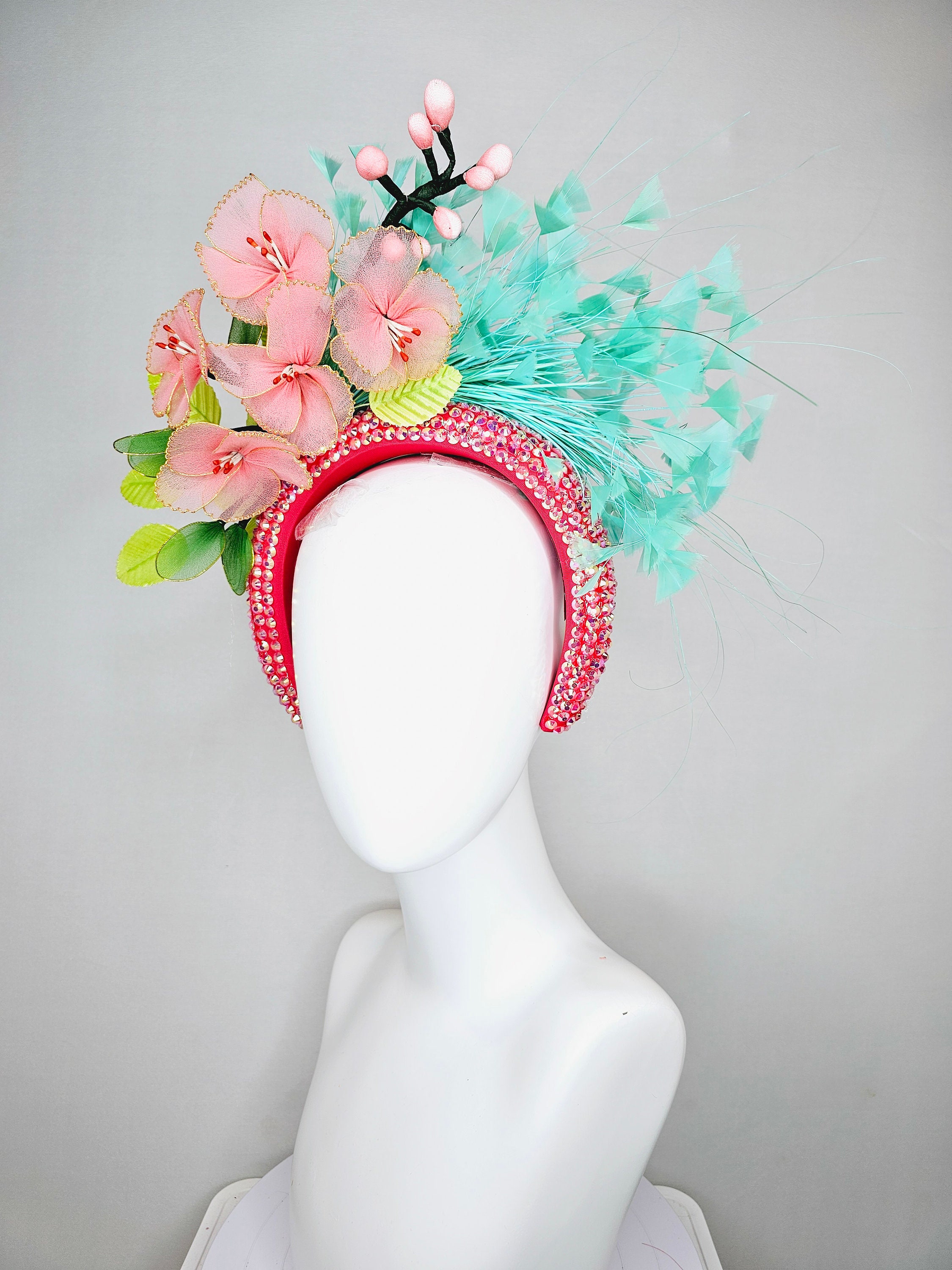 Kentucky Derby Hat Fascinator White Feather Flower Netting Turquoise Blue Kentucky Derby Hat Fascinator Cobalt Blue Satin With Netting  main image 3