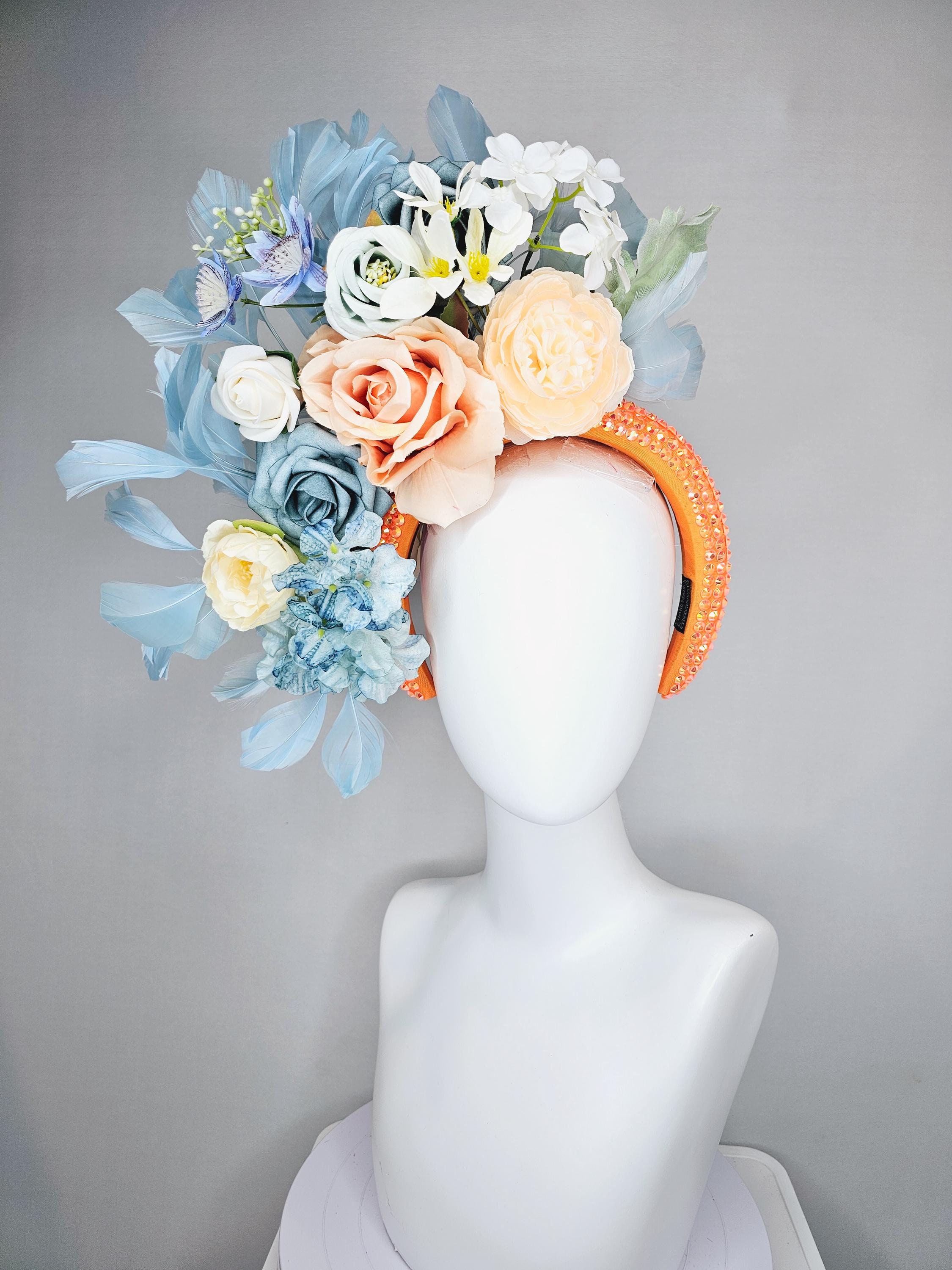 New Kentucky Derby Hat Elegant Navy Fascinator Blue Peach Peony Floral Headwear Stylish Hats and Fascinators to Wear to the Kentucky Derby main image 2