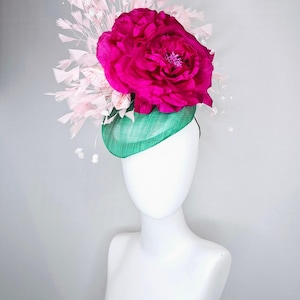 kentucky derby hat fascinator bright green sinamay blush feathers with white branching beaded flowers fuchsia pink huge flower