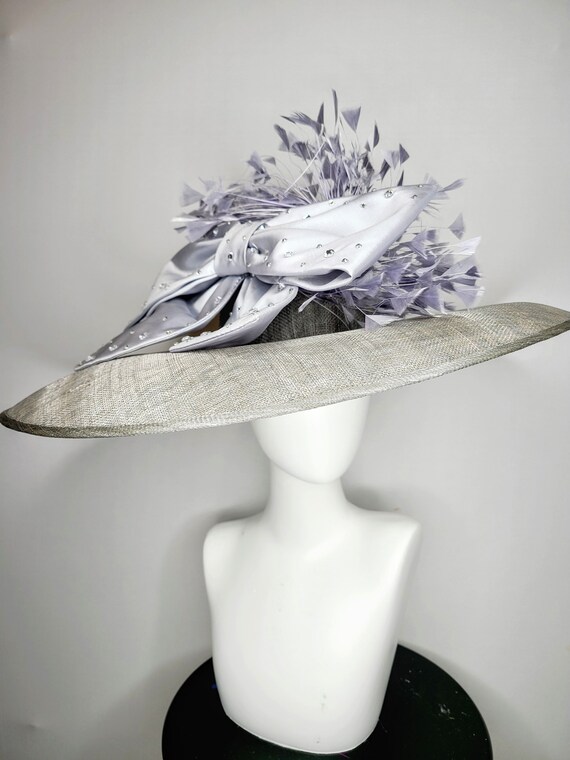 Kentucky Derby Hat Wide Brim Silver Gray Sinamay With Large Satin