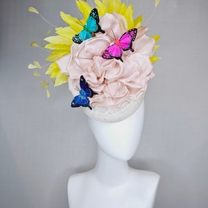 kentucky derby hat fascinator white sinamay blush large satin flower yellow feathers and rainbow pink blue green butterflies image 7