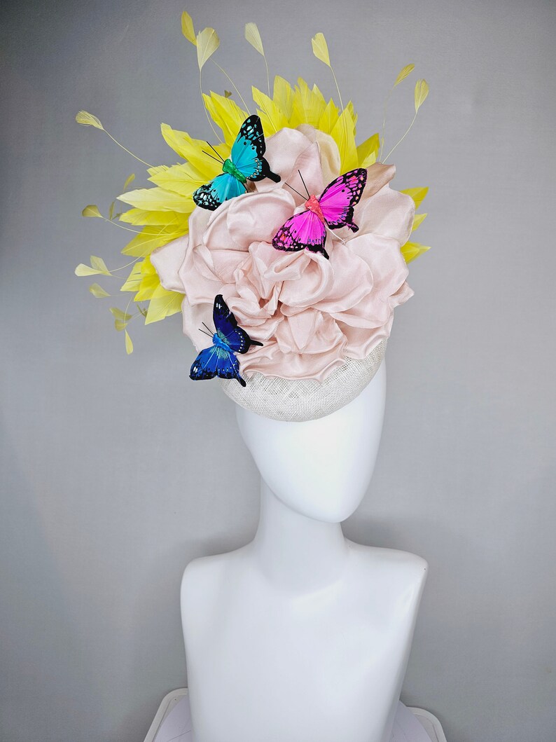 kentucky derby hat fascinator white sinamay blush large satin flower yellow feathers and rainbow pink blue green butterflies image 7