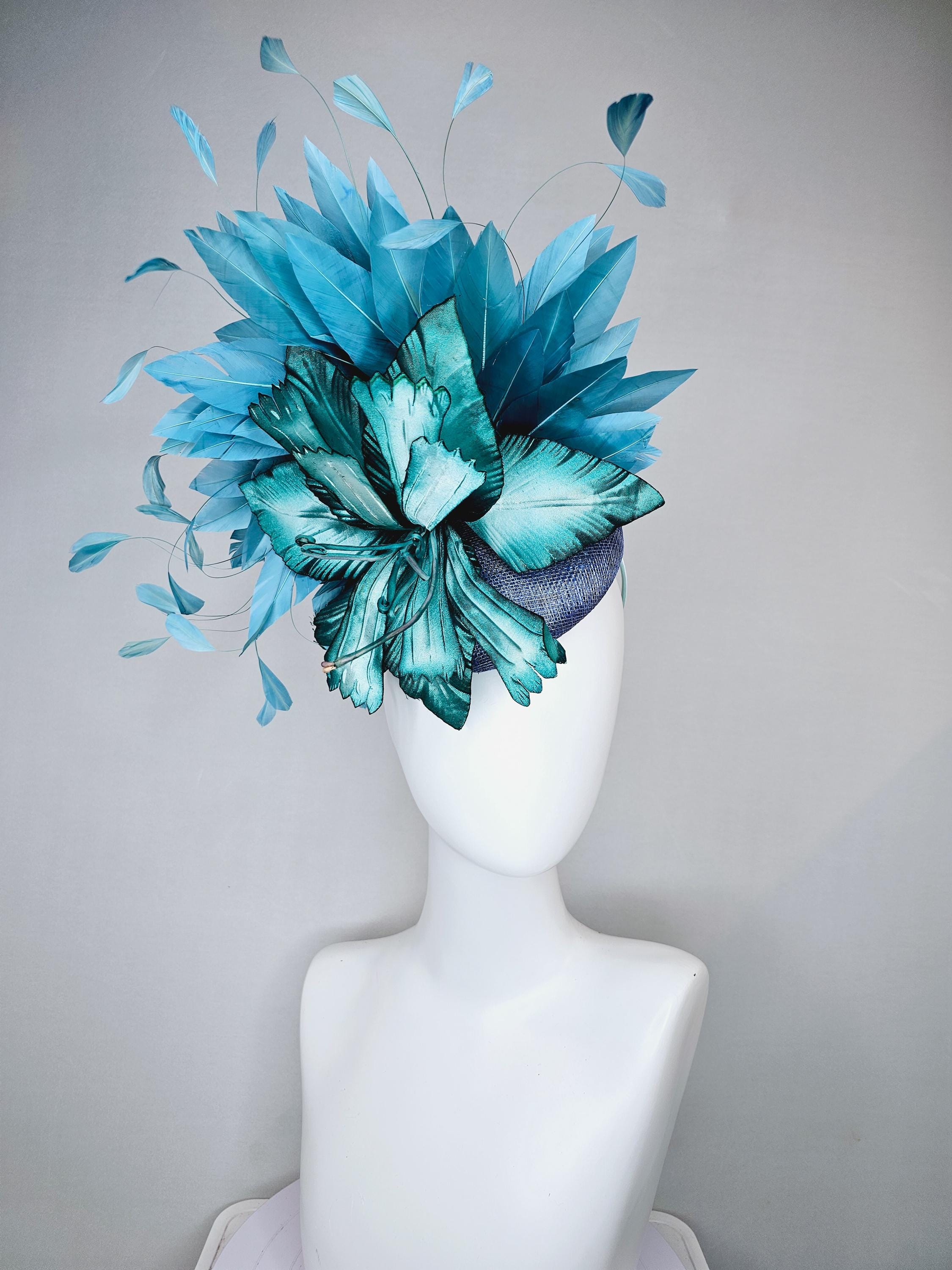 Kentucky Derby Hat Teal Floral Headband Fascinator Statement Sinamay Halo Crown Kentucky Derby Hat Fascinator Light Blue Sinamay With Light  main image 2