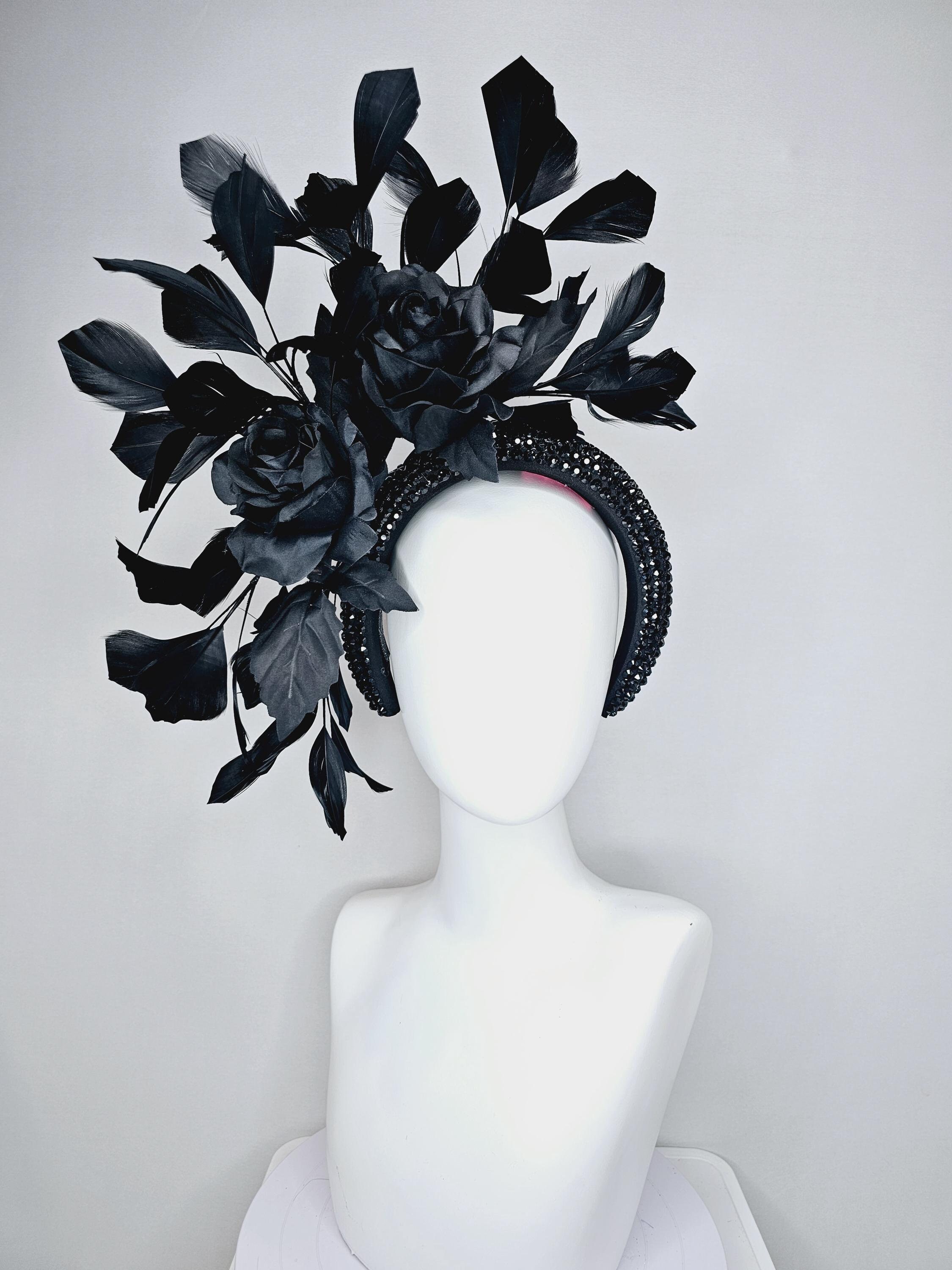 Women’s Black Floral Fascinator Headpiece with Rhinestones Fancy black fascinator with silver metallic flowers main image 3