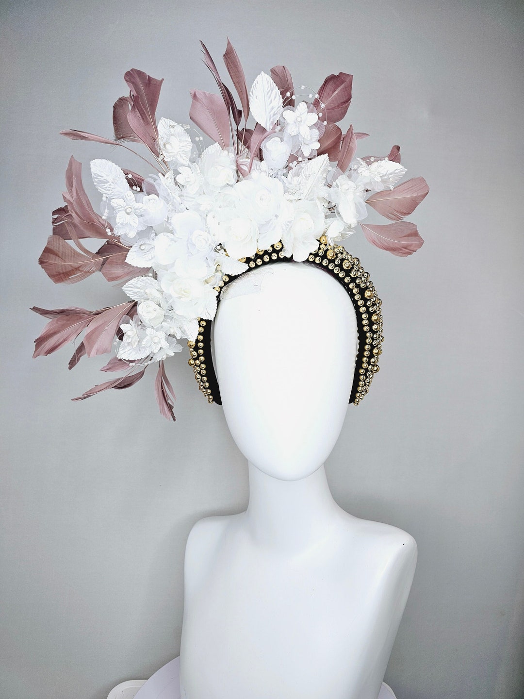 Kentucky Derby Hat Fascinator Gold Pearl Beaded Headband  display picture 3