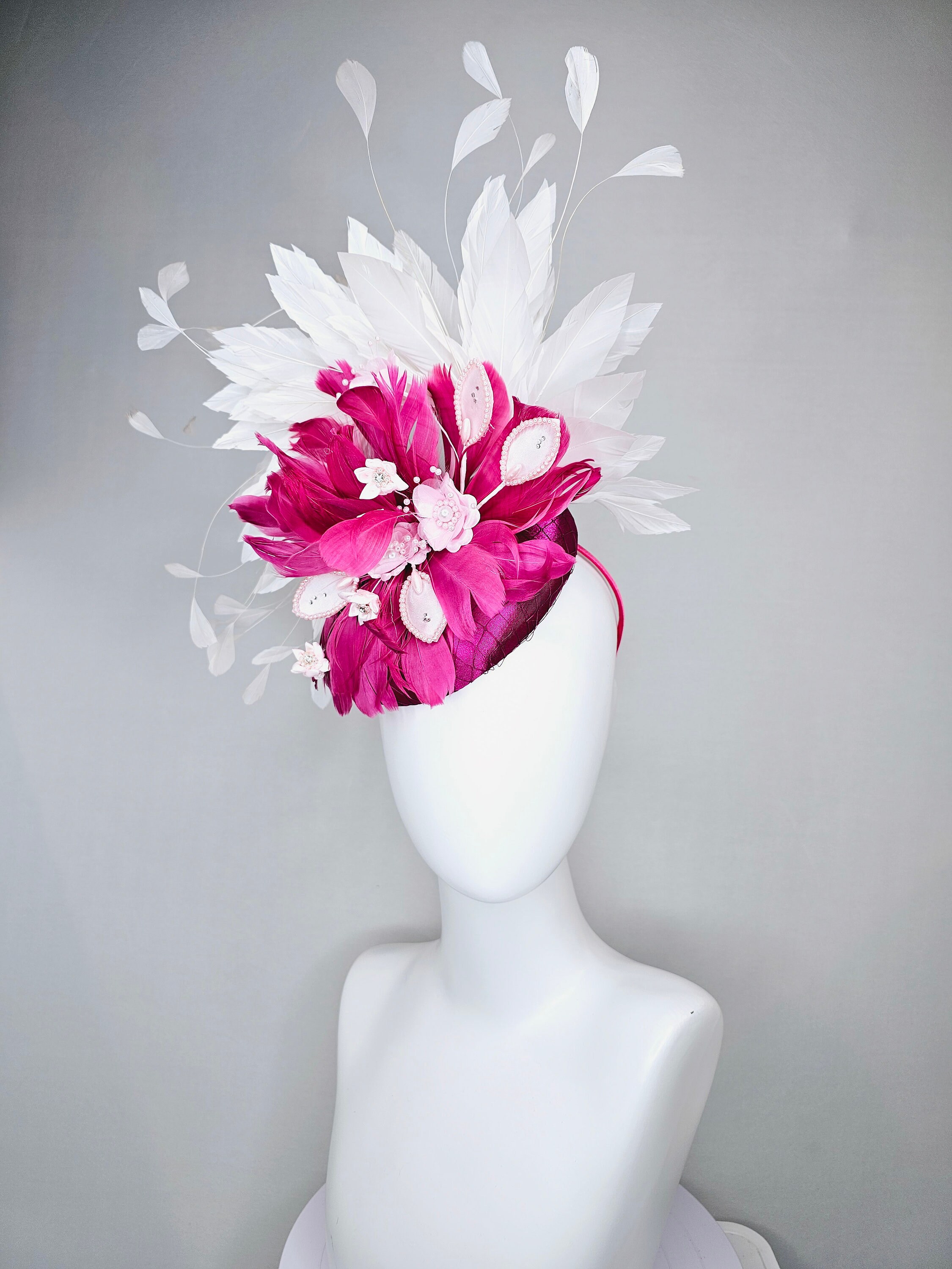 Pink & Teal Derby Hat Fuchsia Feather Aqua & Magenta Pink Floral Details 18”Brim Kentucky Derby Wide Brim Hat, Fuchsia Hot Pink Blue Black  main image 3