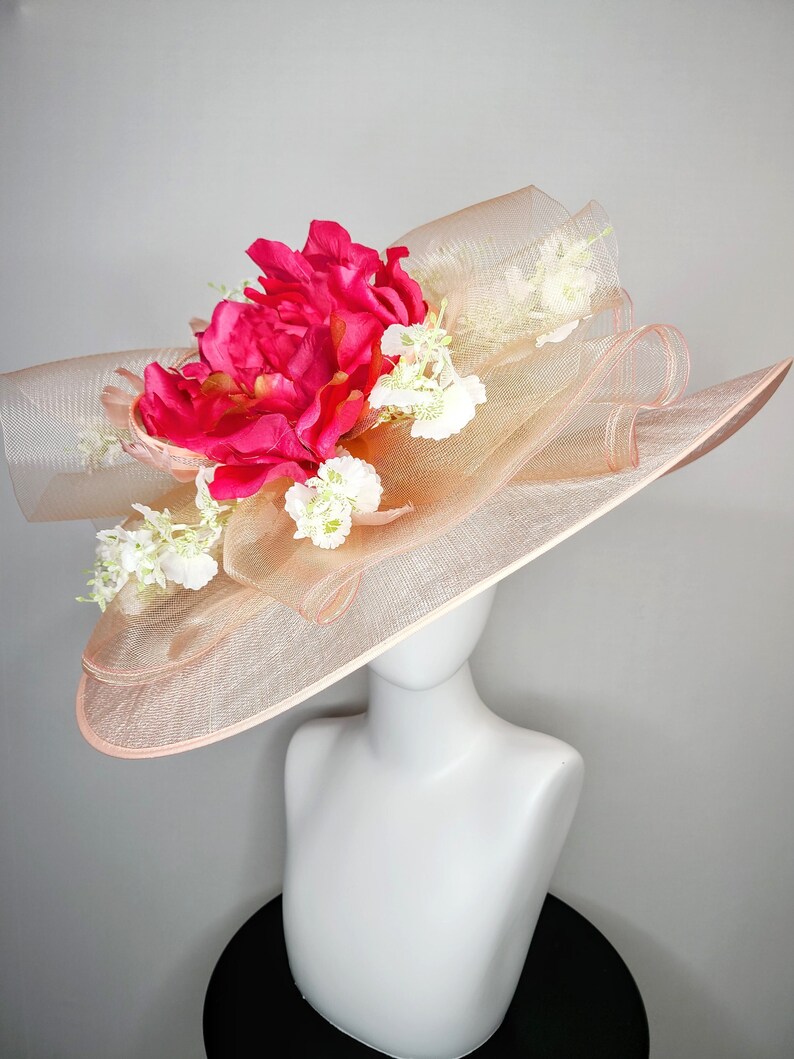 kentucky derby hat sinamay light pink wide brim with red roses and flowers blush white flowers with red windowpane crinoline