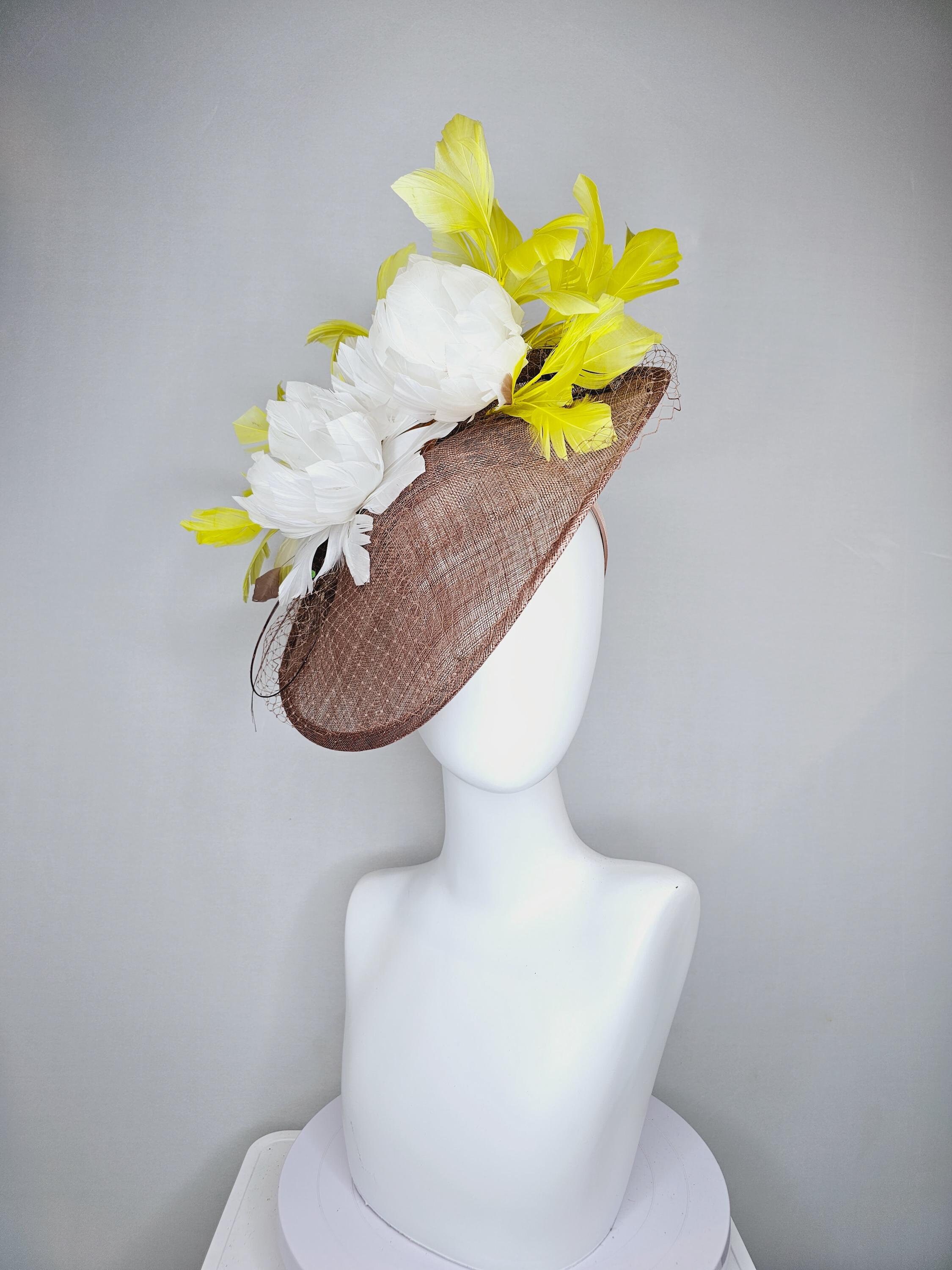 Hats by Katie Couture Sinamay Kentucky Derby Wedding Hat Taupe Brown Feather Kentucky Derby Hat Fascinator Taupe Neutral Brown Sinamay  main image 2
