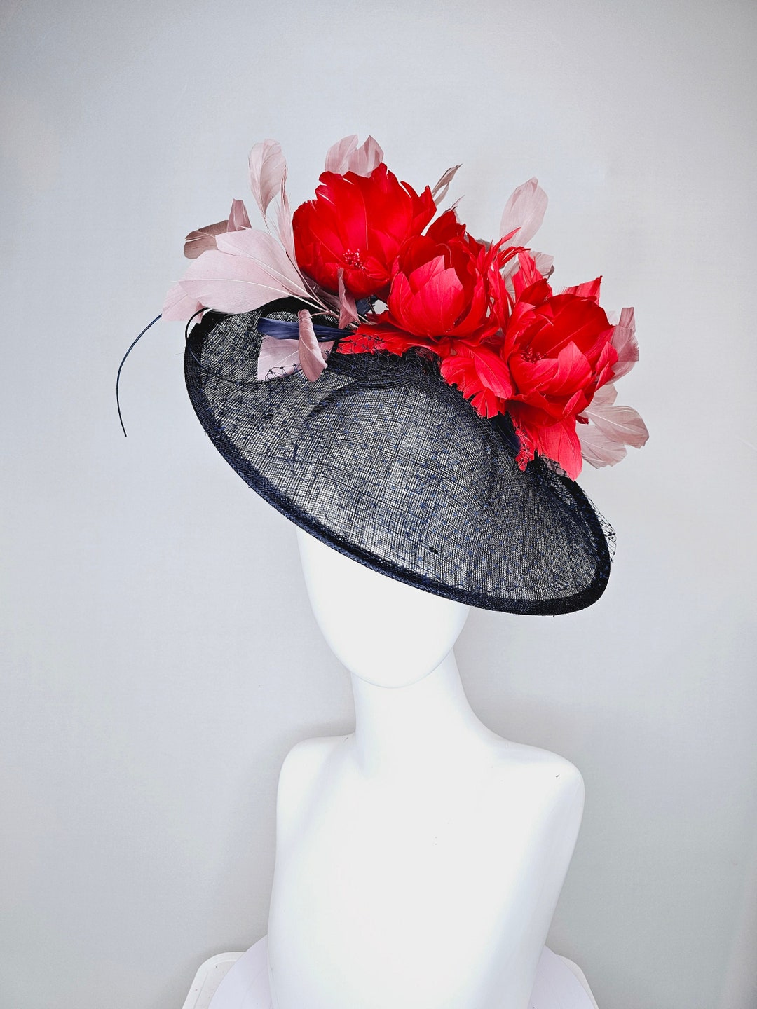 Kentucky Derby Hat Fascinator Midnight Navy Blue Sinamay Saucer With