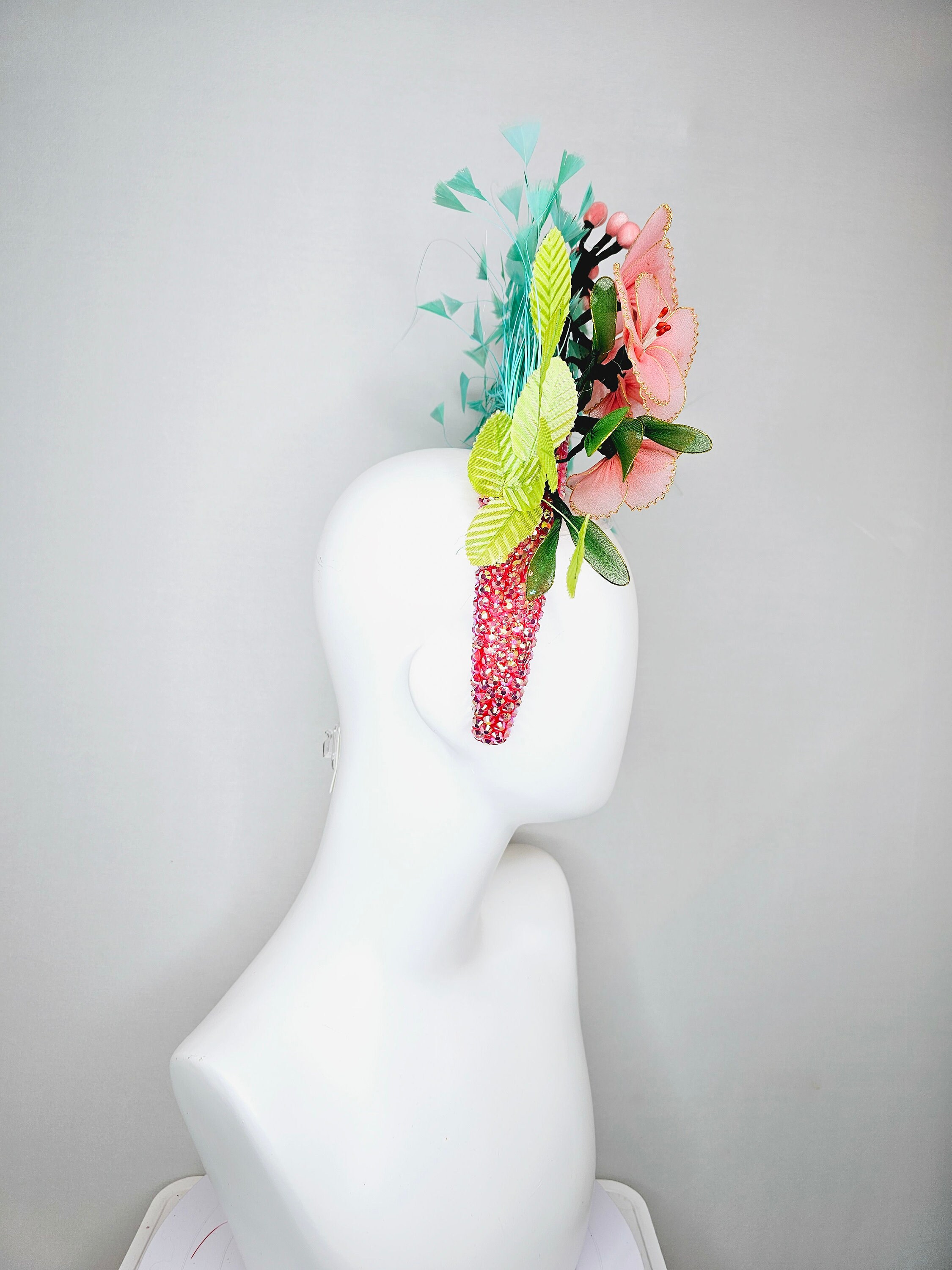 Vibrant Pink and Teal Floral + Coral Fascinator Kentucky Derby Hat Fun Headwear Teal Blue and Pink Kentucky Derby Fascinator: Wedding, Tea  main image 3
