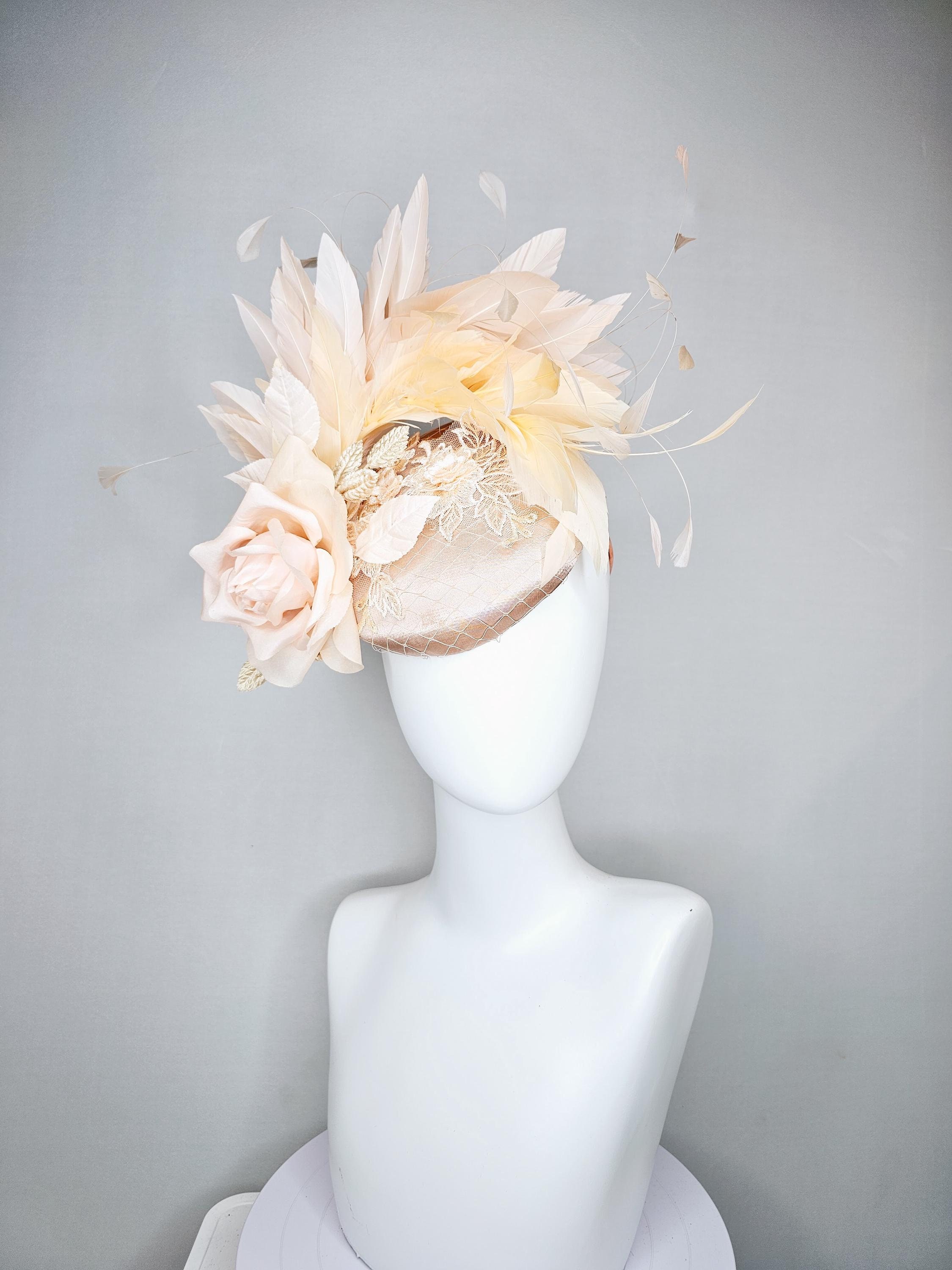 Champagne Velvet Gold Fascinato Disc Netting Bow Feather Church Derby Tea Hat kentucky derby hat fascinator champagne satin with netting  main image 2