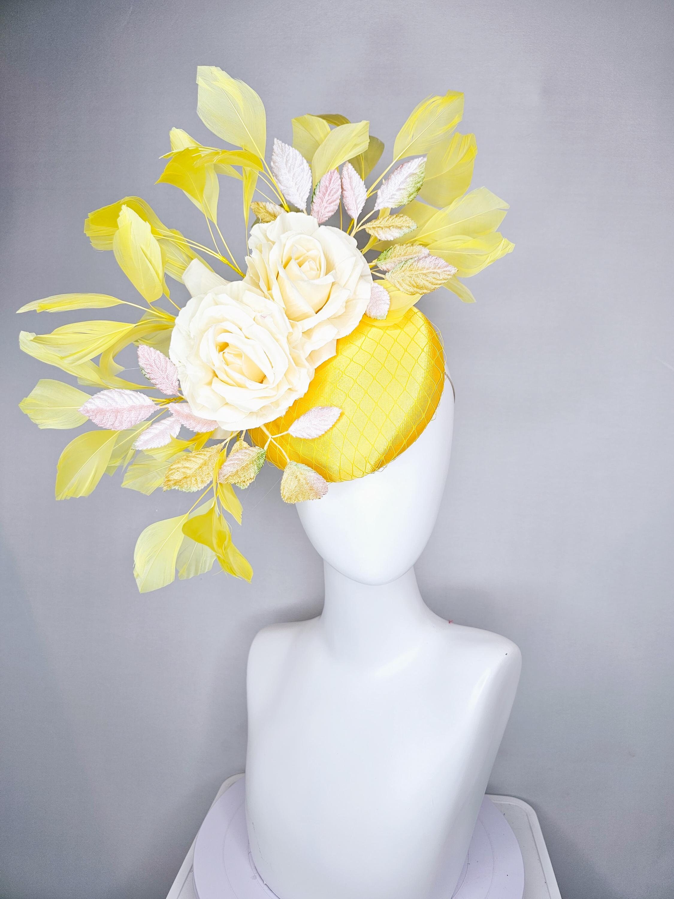 Elegant Sunshine Yellow Fascinator Hat Sinamay Bow Feather Netting Veil Yellow Hatinator - Etsy main image 3