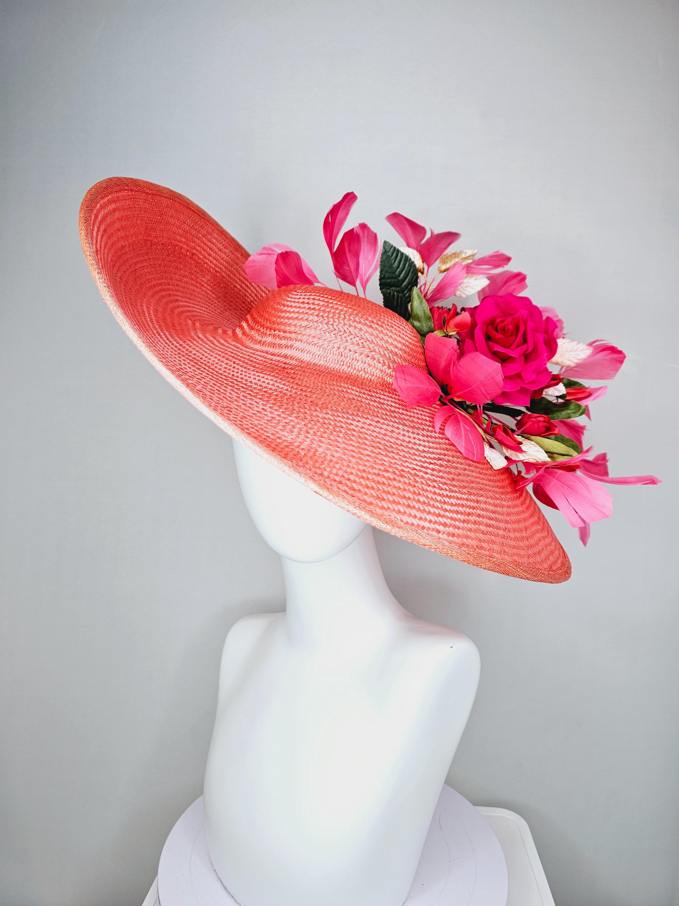 Kentucky Derby Hat Wide Brim Straw in Coral Orange With Pink  display picture 3