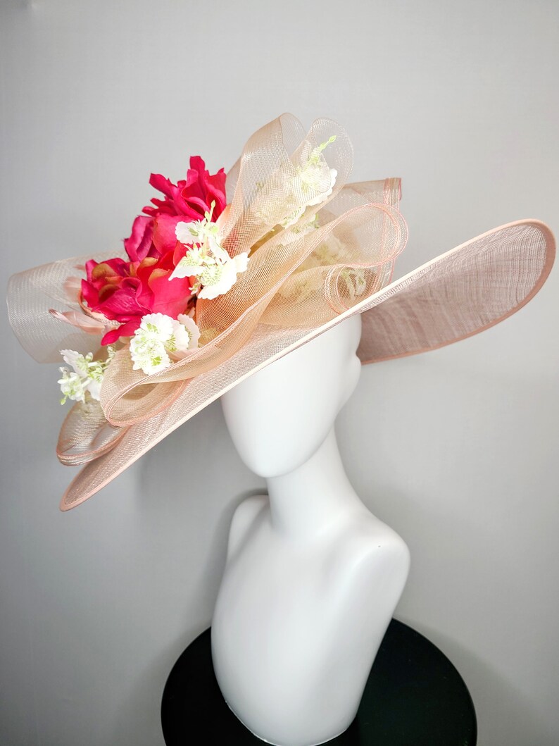 kentucky derby hat sinamay light pink wide brim with red roses and flowers blush white flowers with red windowpane crinoline
