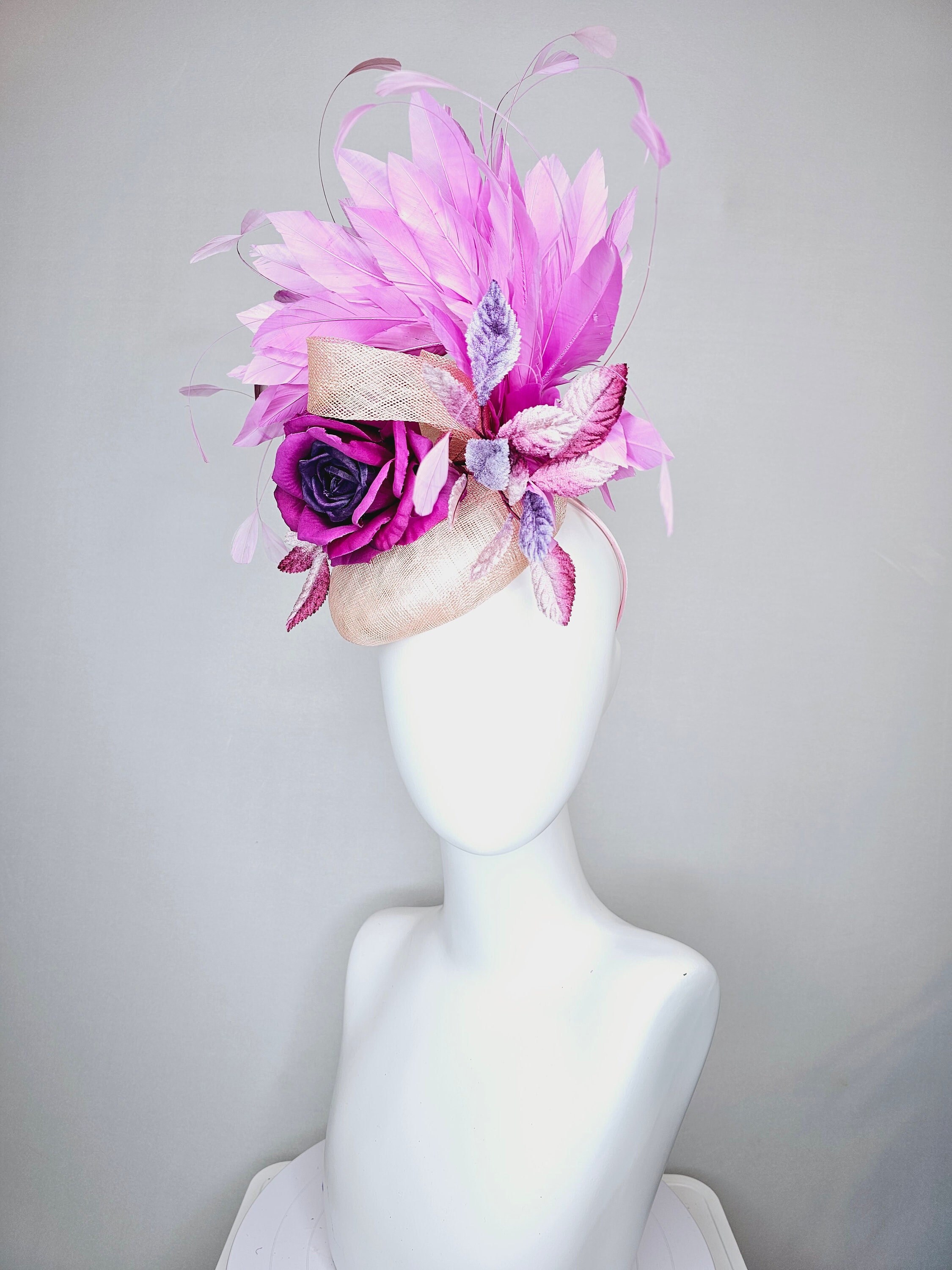 Fuchsia Feather and Lavender Rose Fascinator on Neutral Base M22019FV (Lilac Fuchsia pink Lime green) Kentucky Derby hat  main image 3