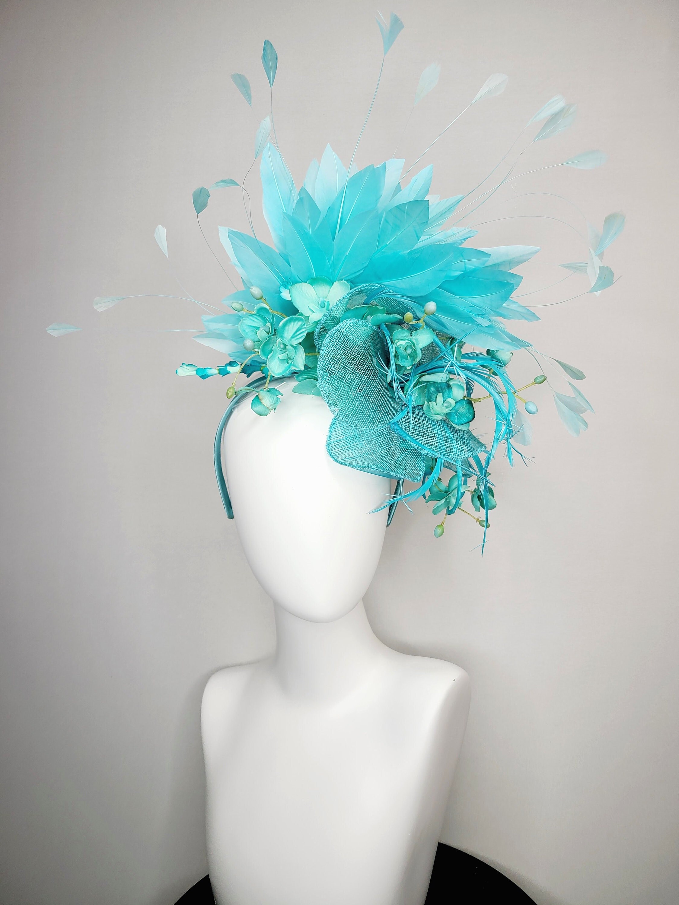 kentucky derby hat fascinator large green teal blue sinamay with embroidered blue turquoise navy scroll design with blue feathers
