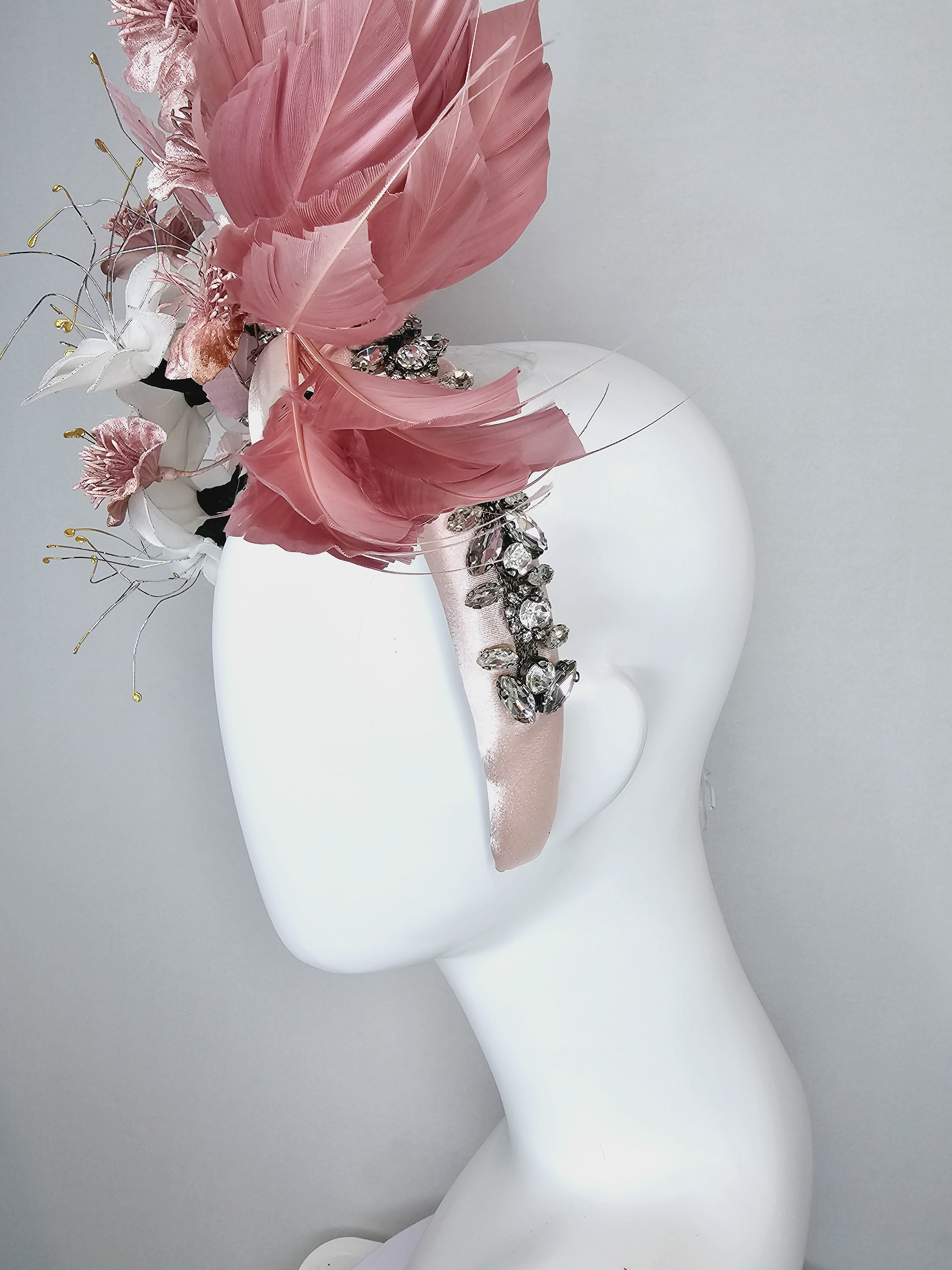 Fascinators Headband with Feather, Pink Blush Large Loop Feather Headband Fascinator main image 4