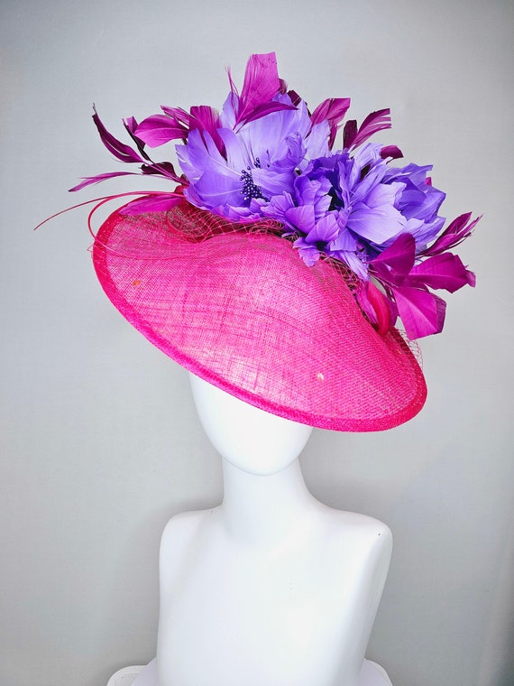 Elegant Floral Fascinator Hat with Fuchsia Feathers and lavender accents Purple Lace Fascinator Hat, Flower & Quill Feather, Ascot  main image 2