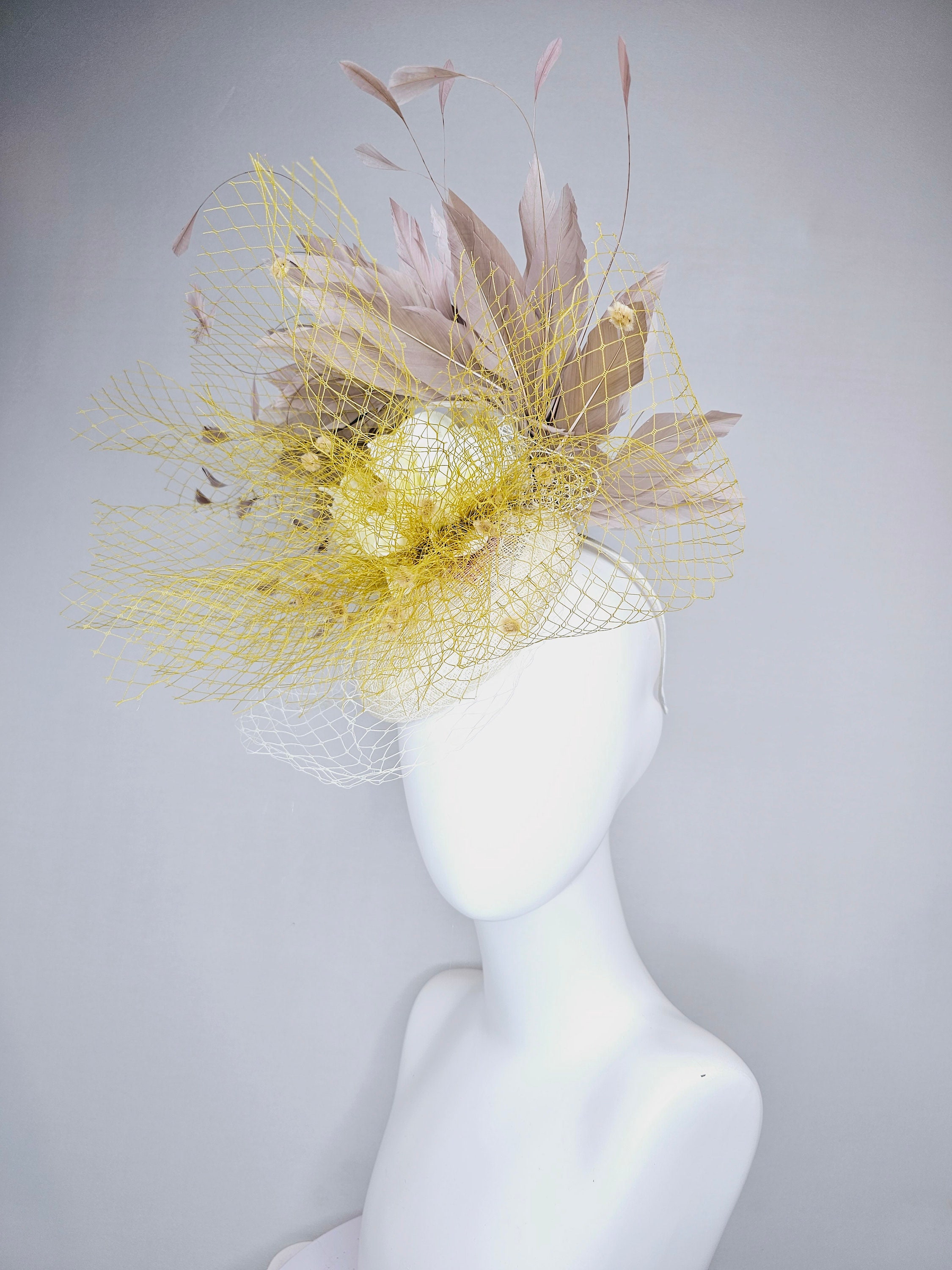 Fascinator Vintage Look Yellow ? Sinmay Large Stand-up Kentucky Derby Church Yellow Derby Hat: Wide Brim, Flower, Feathers, Butterflies  main image 4
