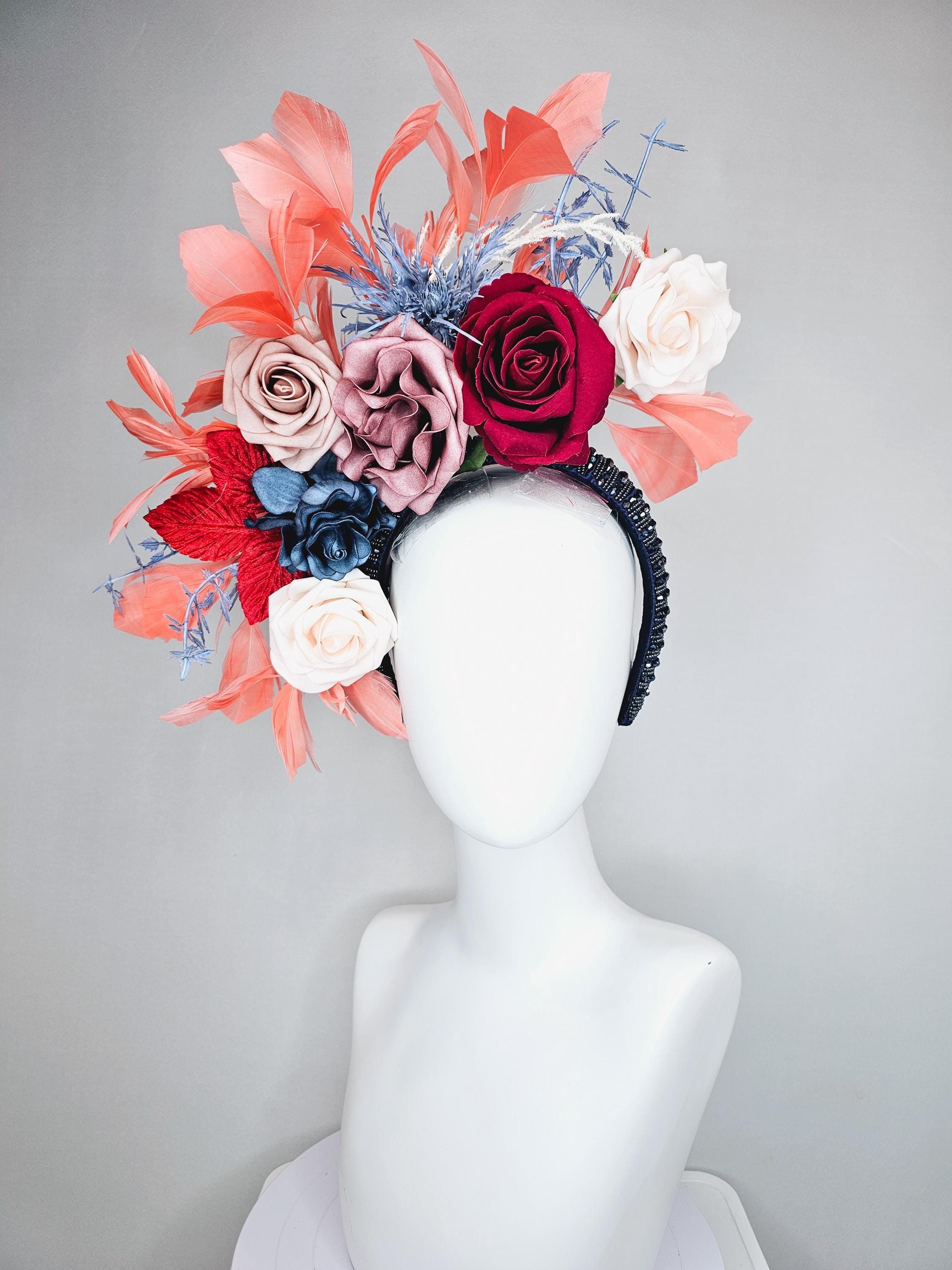 Kentucky Derby Hat Elegant Blue Floral Headband Fascinator - Women Accessories Kentucky Derby fancy navy white fascinator hat for women  main image 4