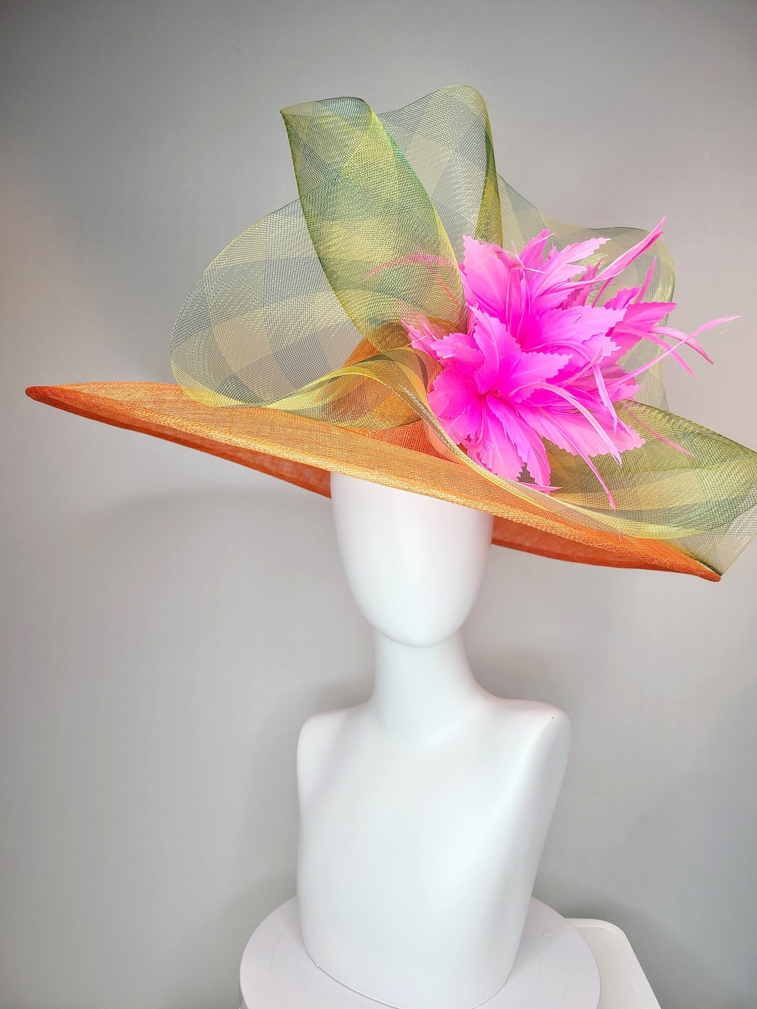 Kentucky Derby Hat Large Wide Brim Sinamay Orange Hat With Large Pink ...