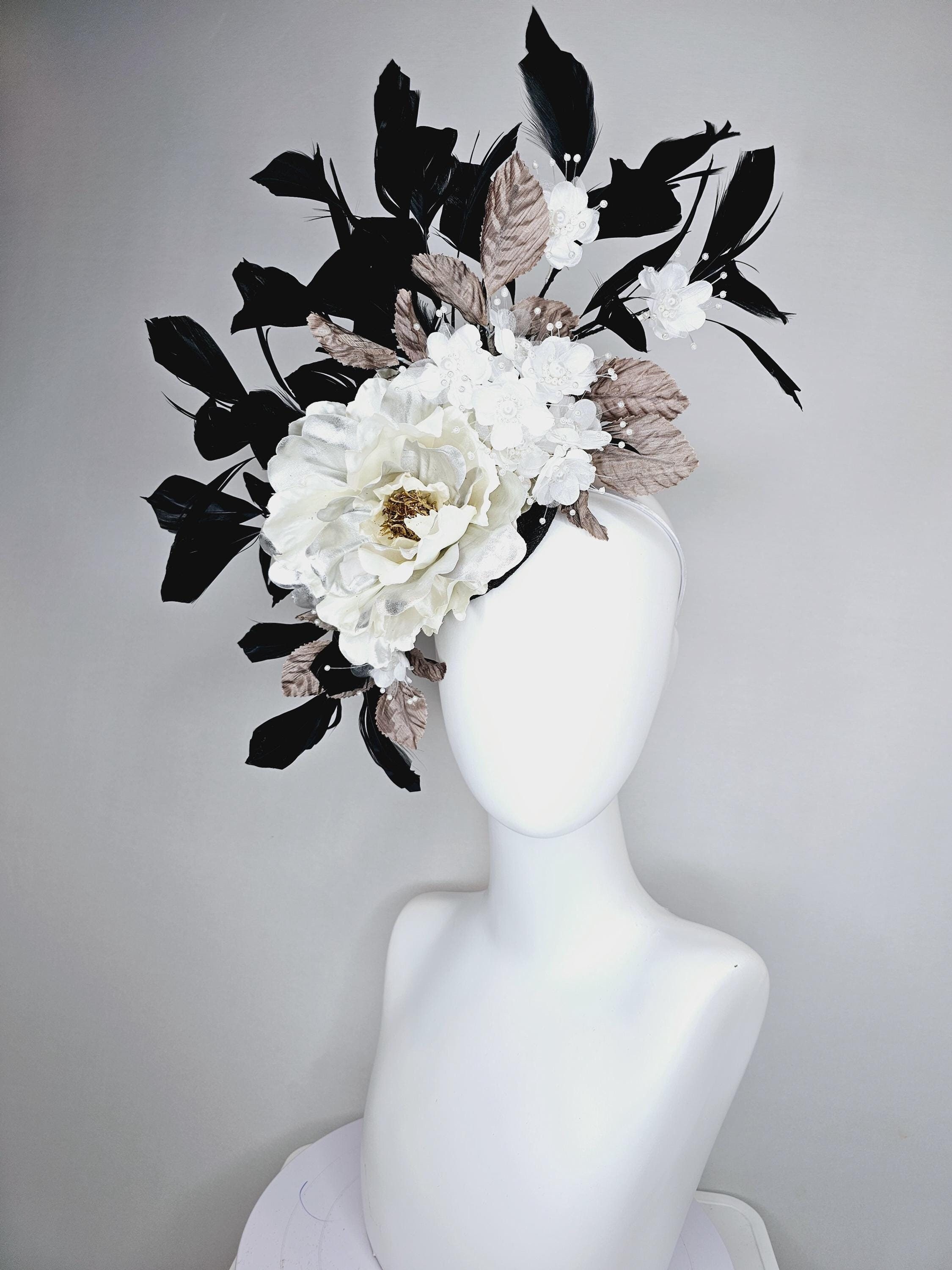 Elegant White Fascinator Feather Floral Bridal Kentucky Derby Oaks Hat Formal kentucky derby hat fascinator champagne beige satin with  main image 4
