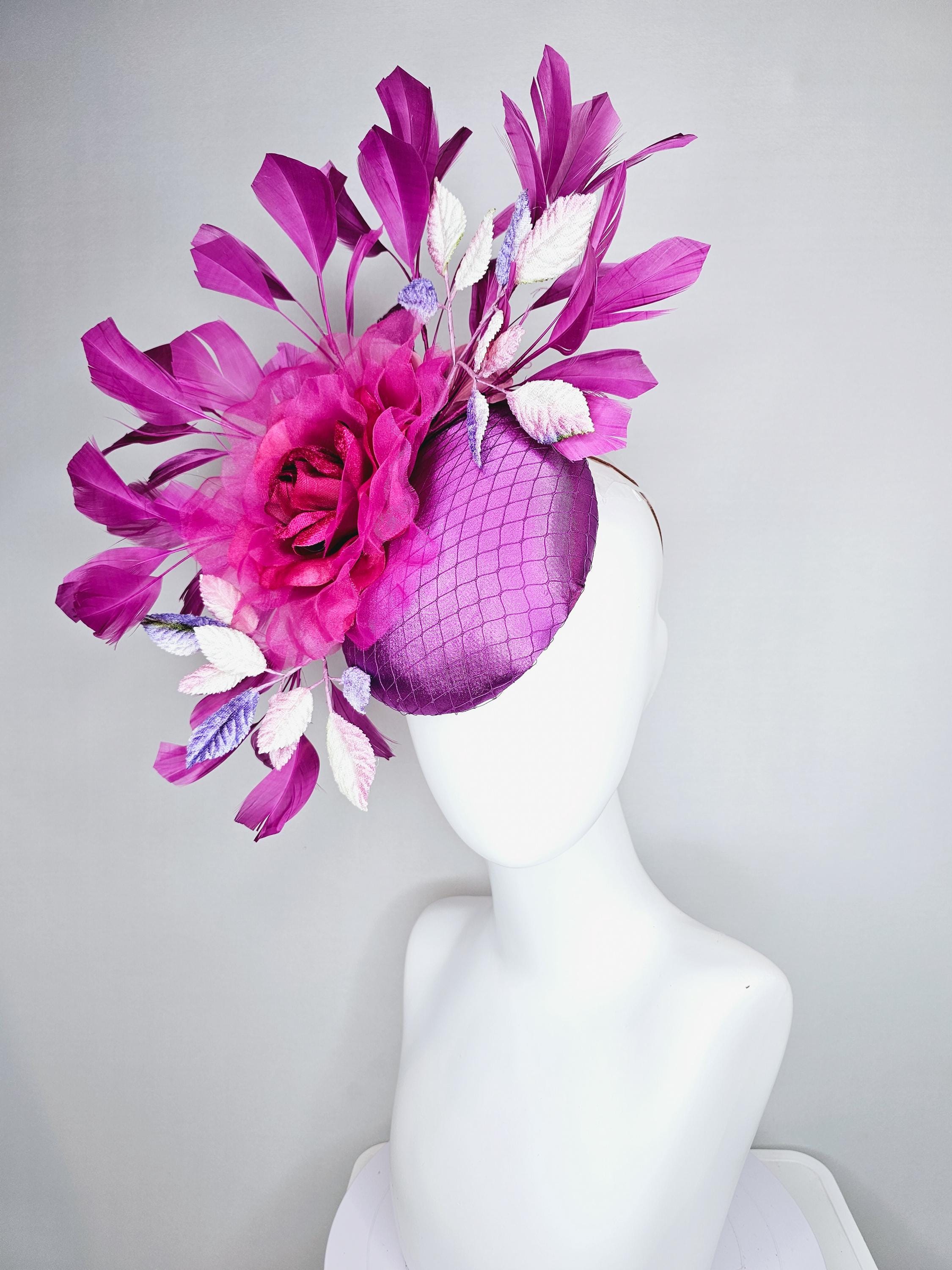 Kentucky Derby Hat Fascinator Purple Satin With Netting Pink 