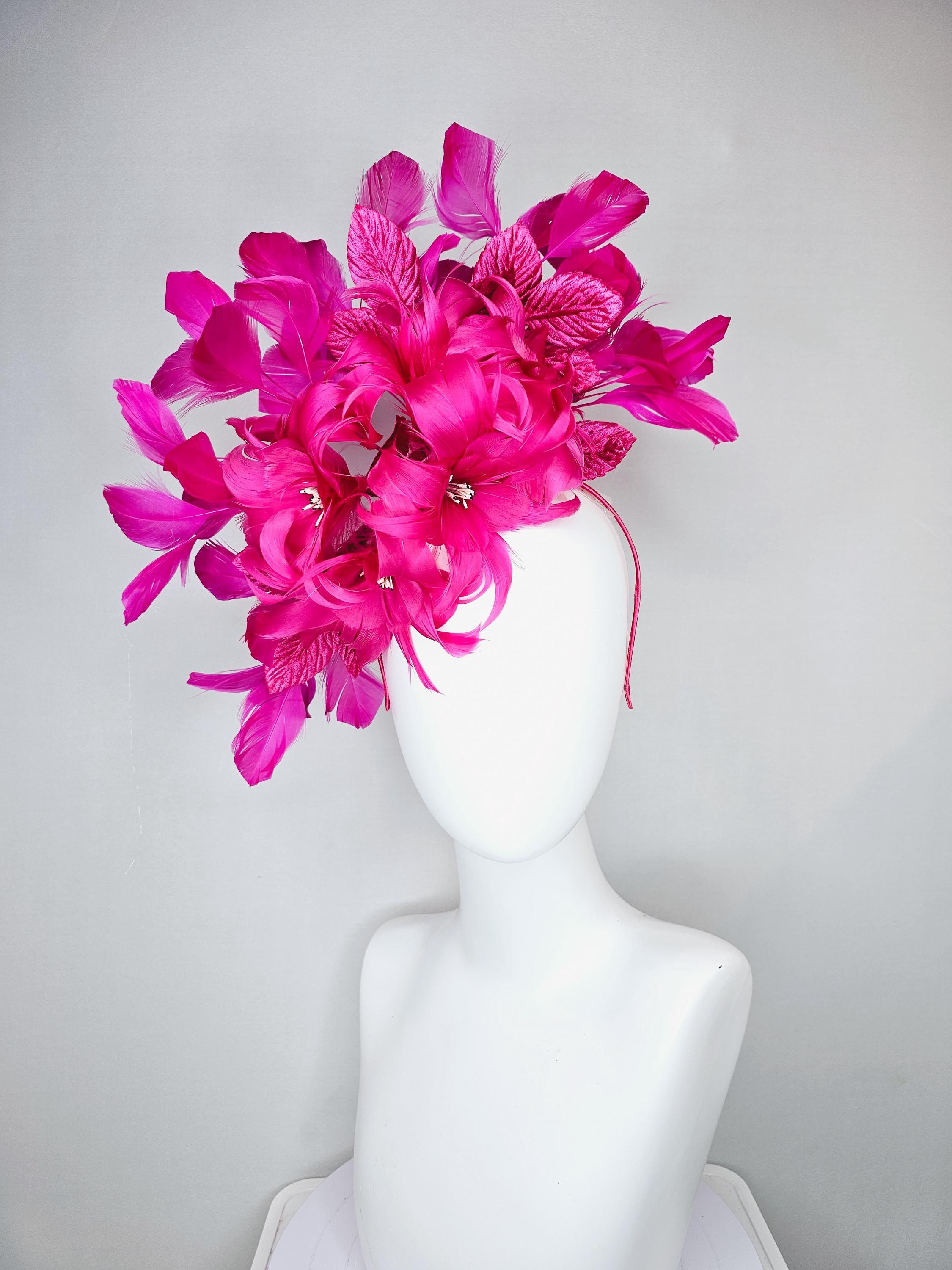 Kentucky Derby Hat Fascinator Bright Hot Pink Feather  display picture 2