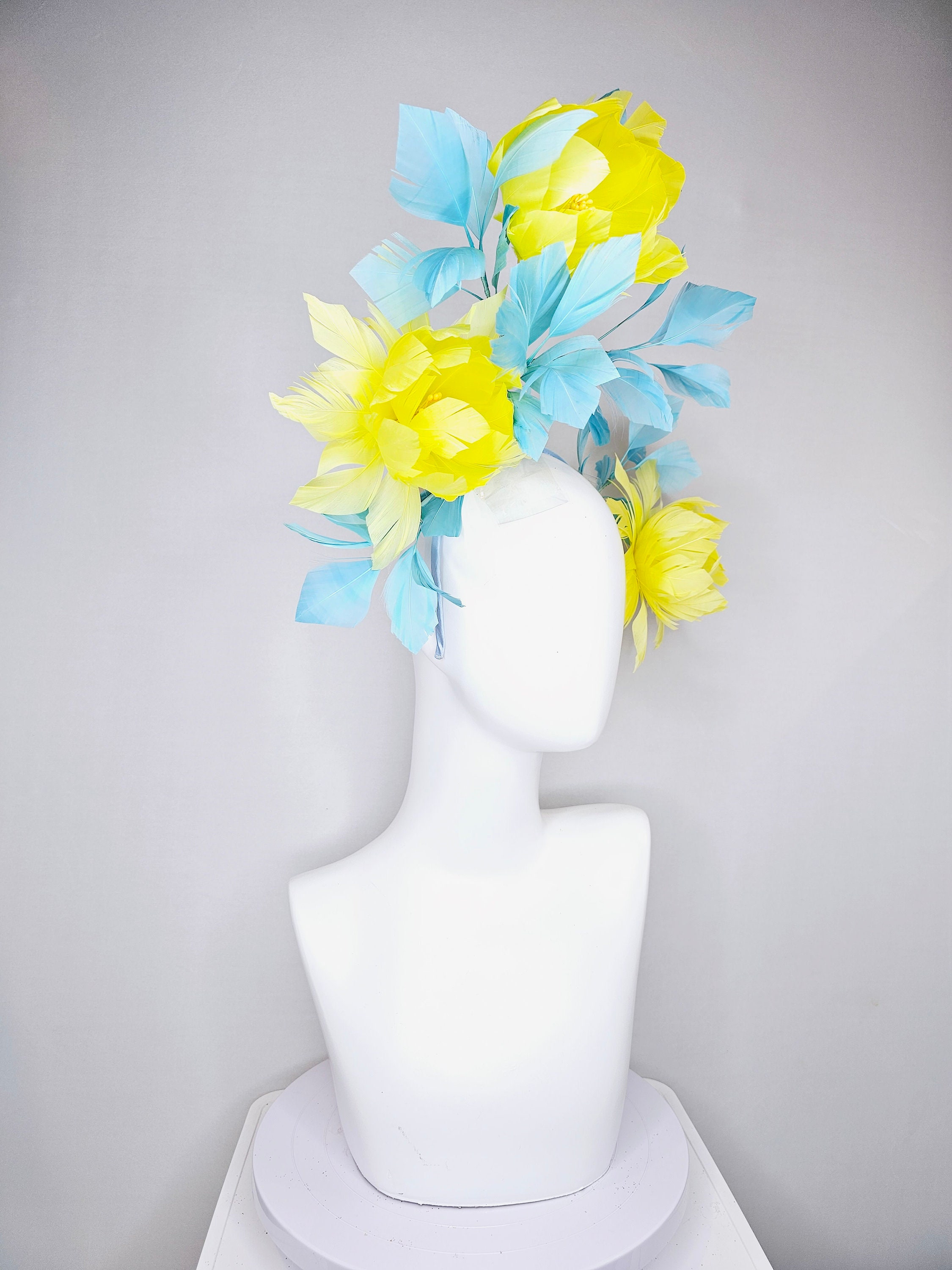 Kentucky Derby Hat Fascinator Large Fluffy Yellow Feather  display picture 2