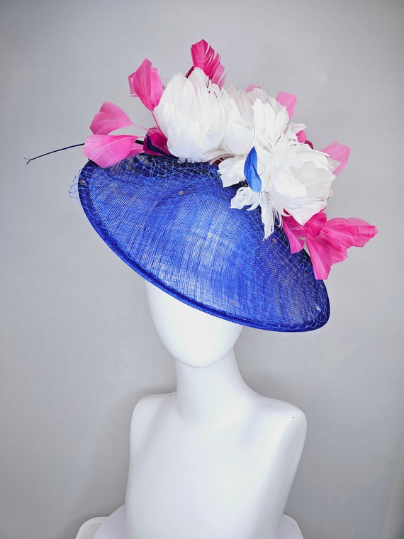 Blue Kentucky Derby Fascinator Hat with Pink Flowers kentucky derby fascinator hat blush light pink satin flower  main image 3