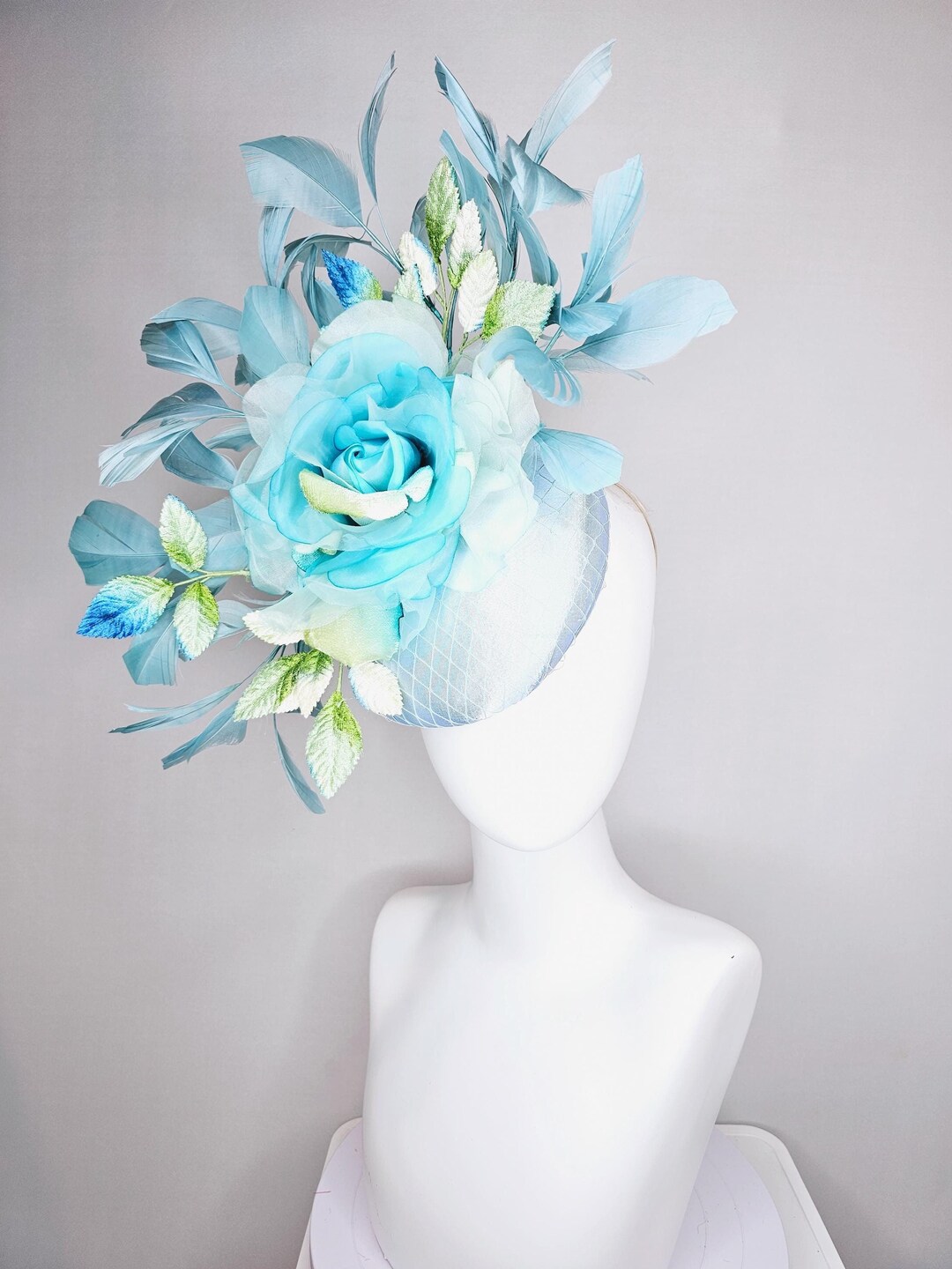 Kentucky Derby Hat Fascinator Light Blue Satin With Netting  display picture 1