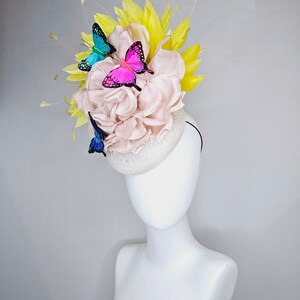 kentucky derby hat fascinator white sinamay blush large satin flower yellow feathers and rainbow pink blue green butterflies image 8