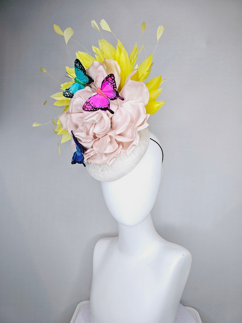 kentucky derby hat fascinator white sinamay blush large satin flower yellow feathers and rainbow pink blue green butterflies image 8