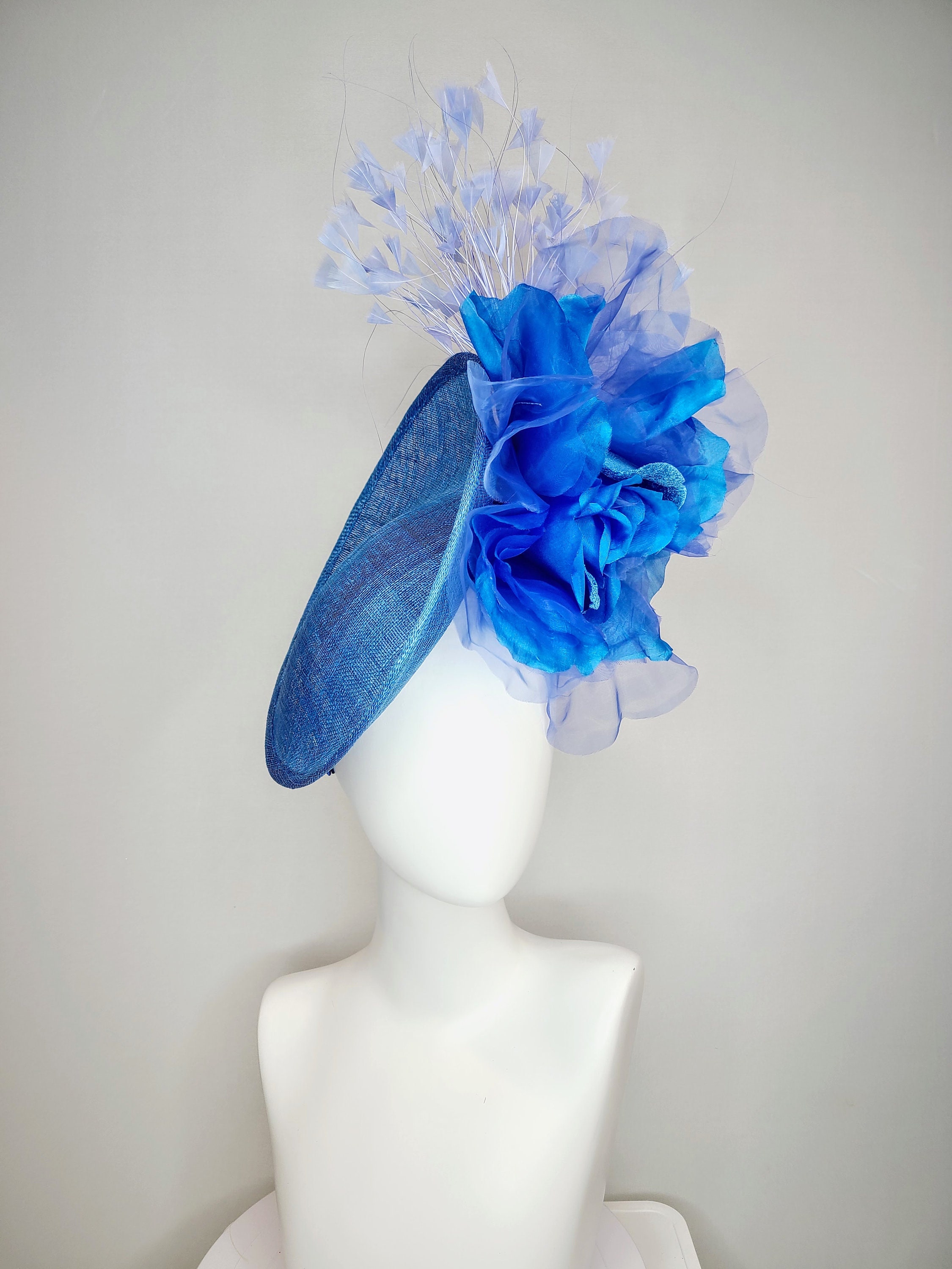 Kentucky Derby Hat New Navy Organza Floral Feather Fascinator Kentucky Oaks Kentucky Derby Hat Fascinator Midnight Navy Blue Satin With  main image 2
