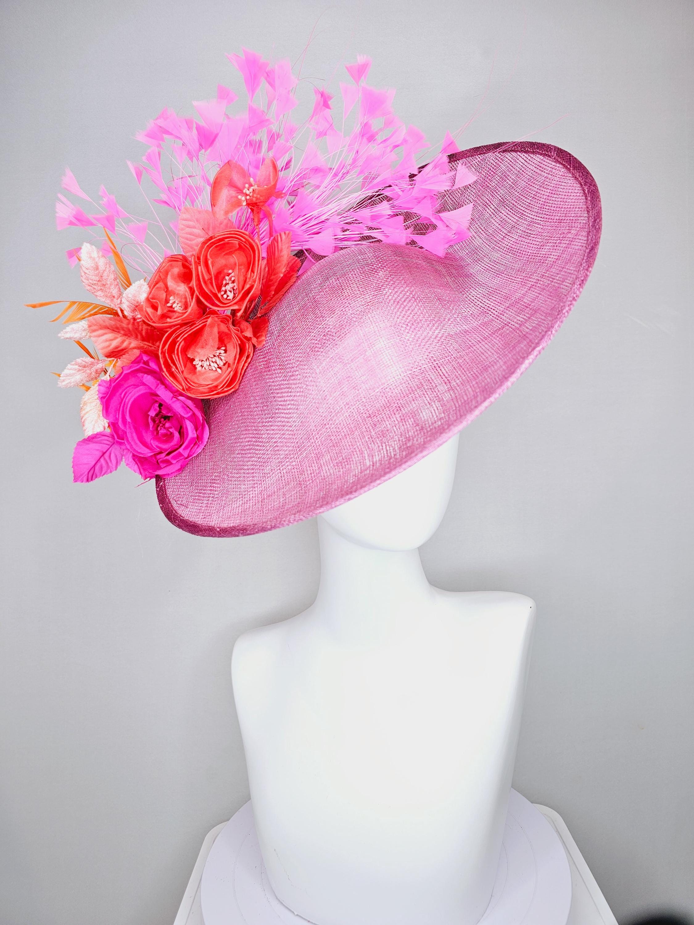 Kentucky Derby Hat KY Oaks Fascinator Hot Pink Organza Feather Floral Statement Hot Pink Kentucky Derby Hat, High Tea White Cream Derby Hat  main image 3