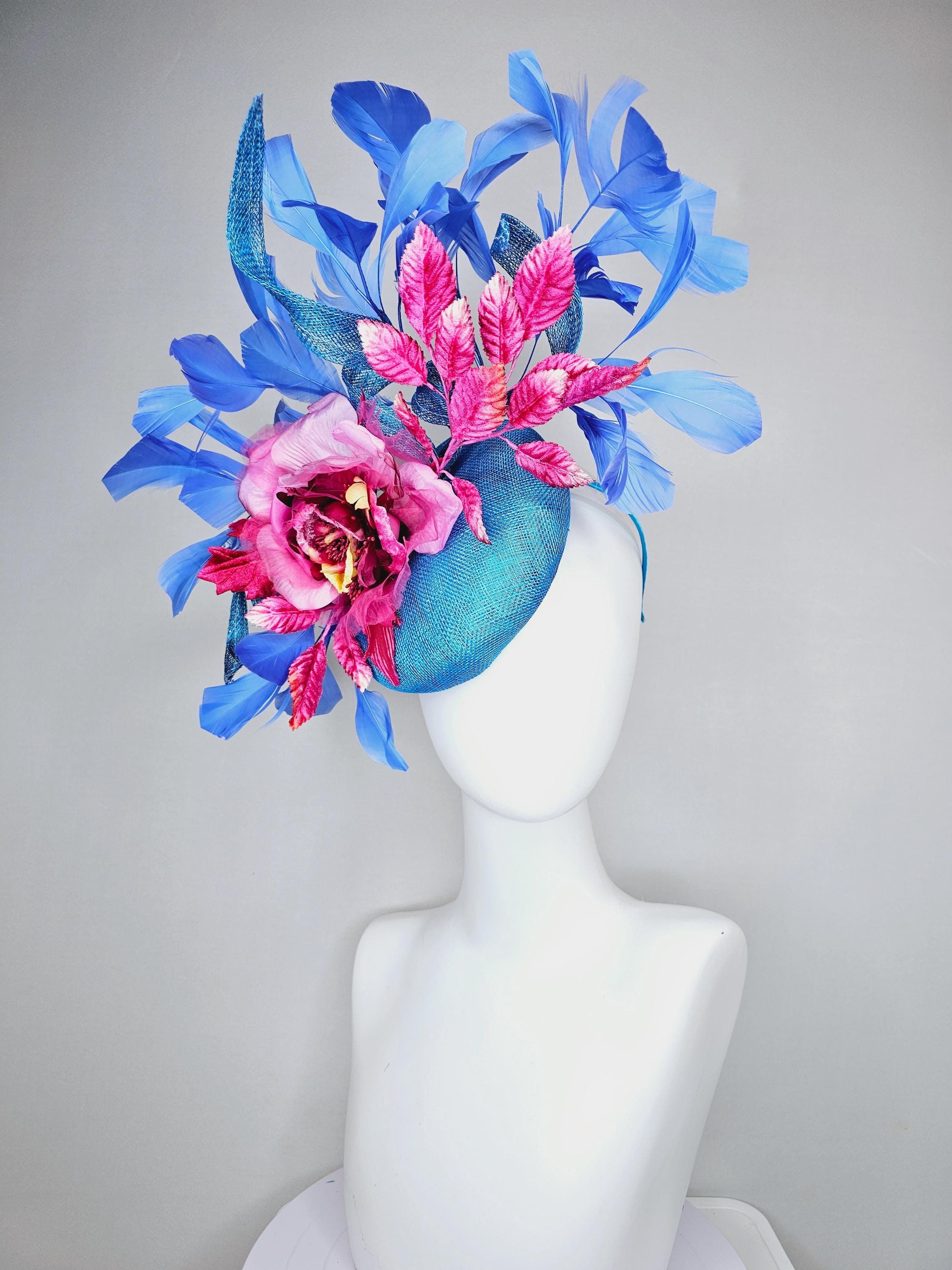 Kentucky Derby Church Easter Blue Sinamay Button Fascinator w floral Accents | ? UNBOXING DAY ? Easter is this weekend. What kind of hat  main image 2