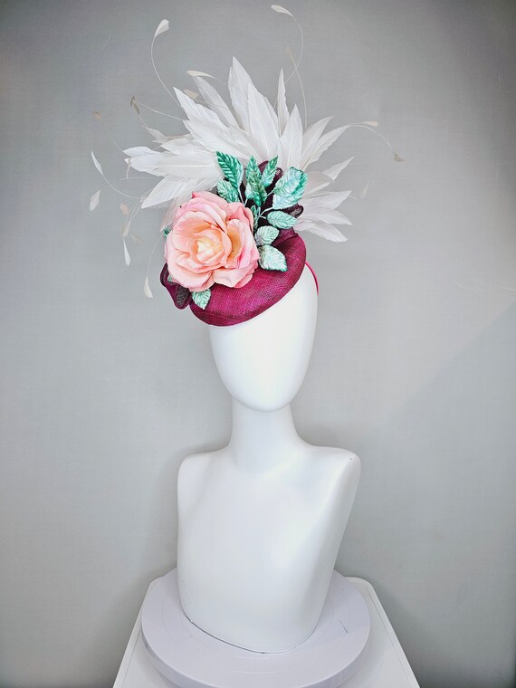 Elegant White Wide-Brim Fascinator Hat with Blue Feathers and Pink Rose M721-BB ( Ivory + More Color Options ) Kentucky Derby Hat  main image 4