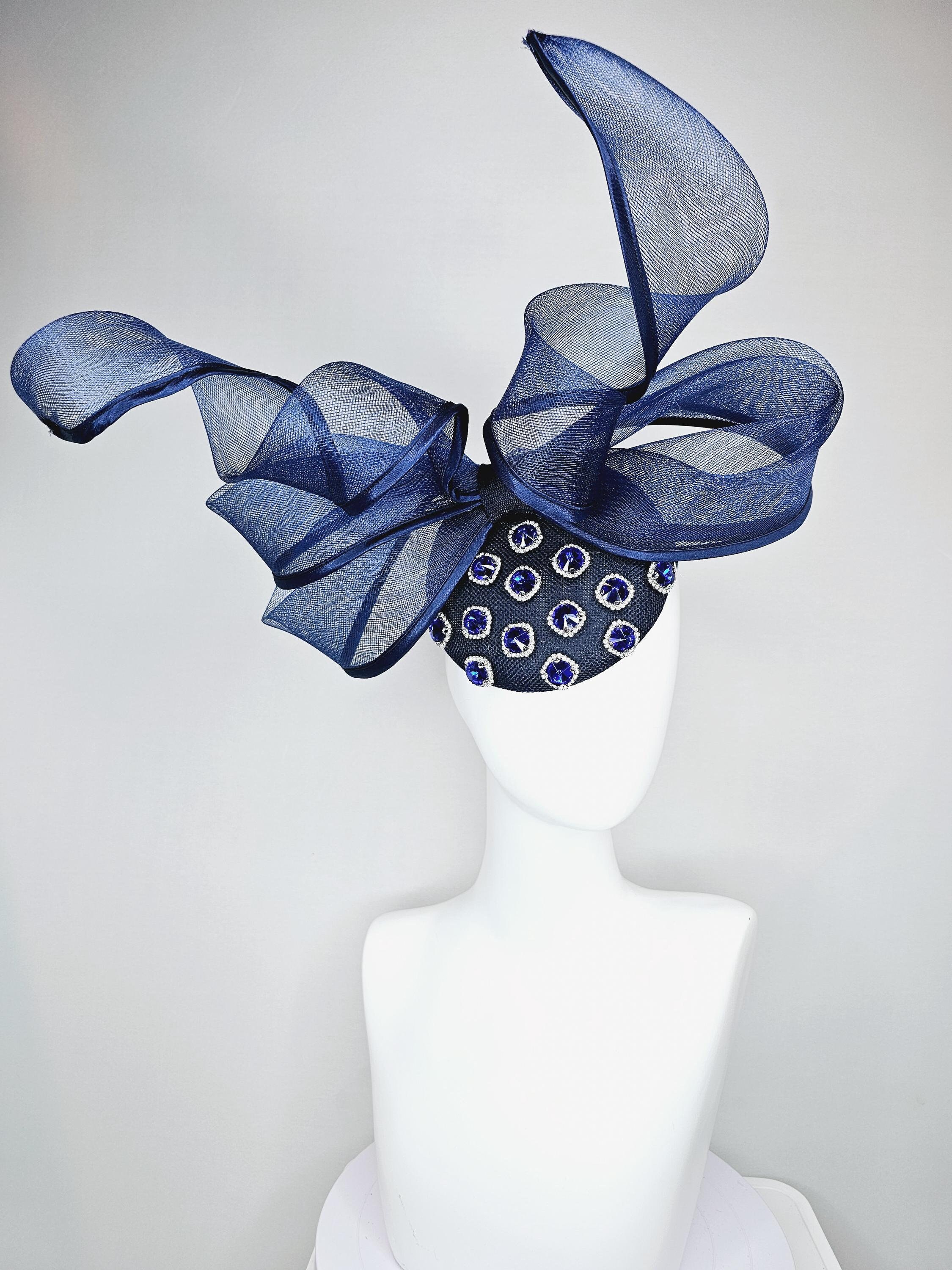 Vintage Elegant Blue Velvet Bow Hair Fascinator derby gatsby 1950s Vintage Midnight Blue Velvet Feathered Fascinator Hat  main image 2