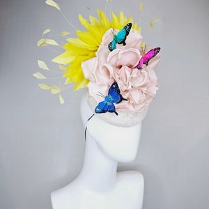 kentucky derby hat fascinator white sinamay blush large satin flower yellow feathers and rainbow pink blue green butterflies image 2