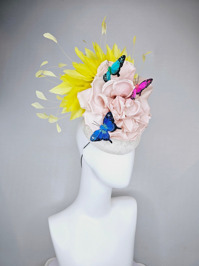 kentucky derby hat fascinator white sinamay blush large satin flower yellow feathers and rainbow pink blue green butterflies image 2