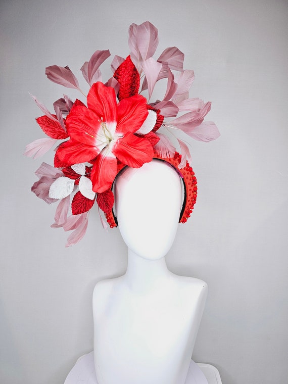 NEW STUNNING BIG RED FLOWER FASCINATOR HAT WITH HEADBAND, 12 X 6\