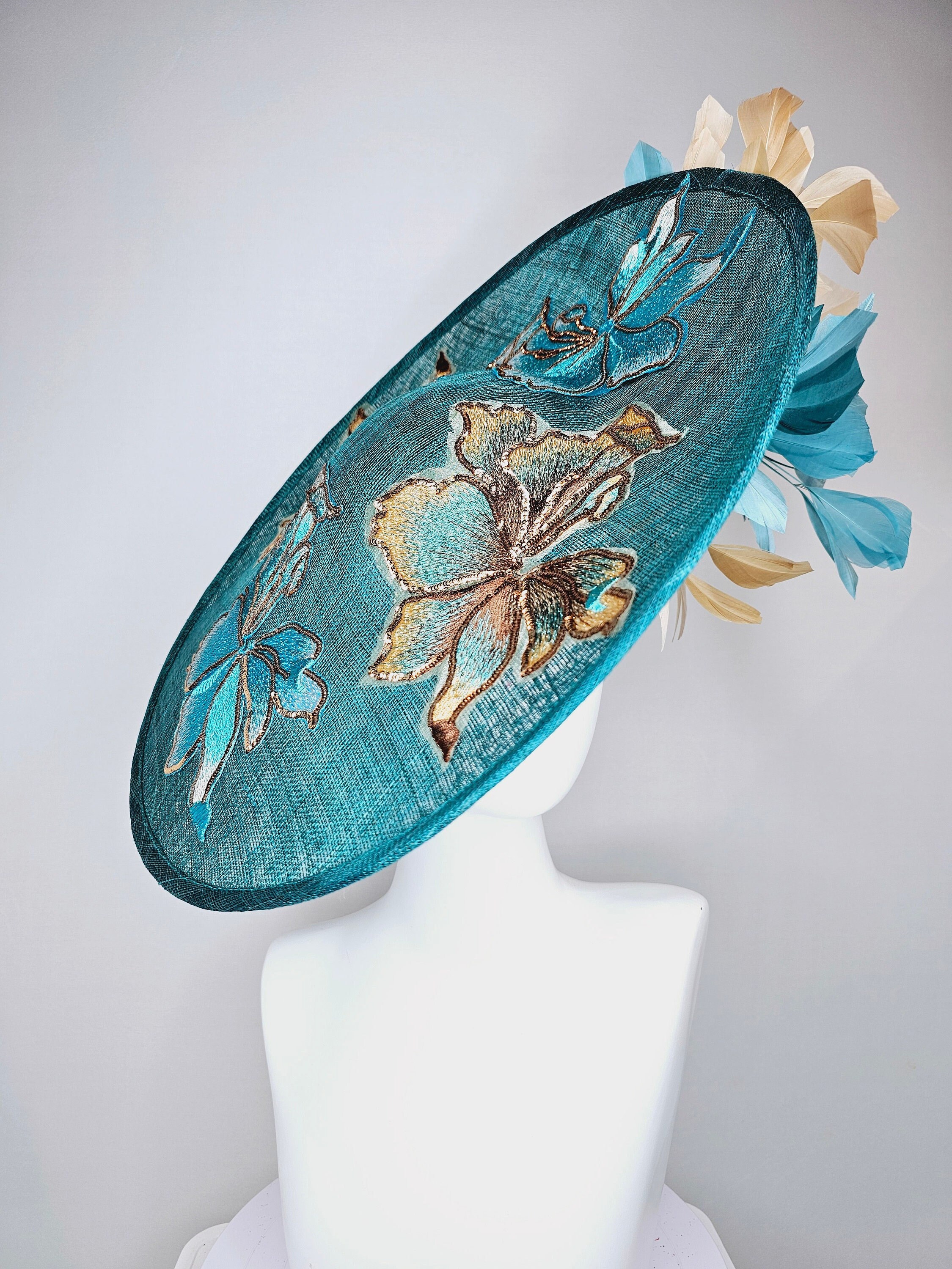 Kentucky Derby Hat Fascinator Teal Blue Sinamay Saucer With  display picture 3