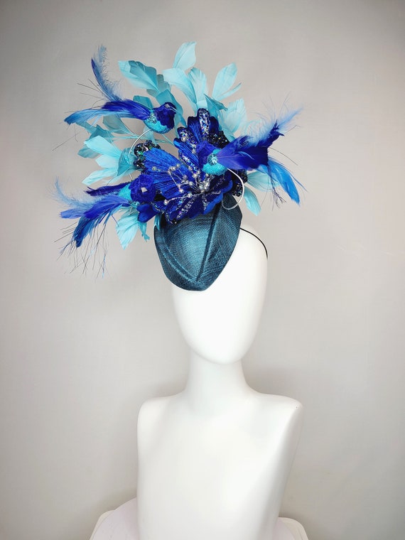 Kentucky Derby Hat KY Oaks Fascinator Elegant Blue Feather Statement Headwear Kentucky Derby Fascinator - (hot Pink, Turquoise and Blue  main image 3