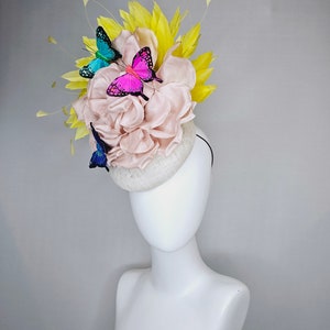 kentucky derby hat fascinator white sinamay blush large satin flower yellow feathers and rainbow pink blue green butterflies image 5