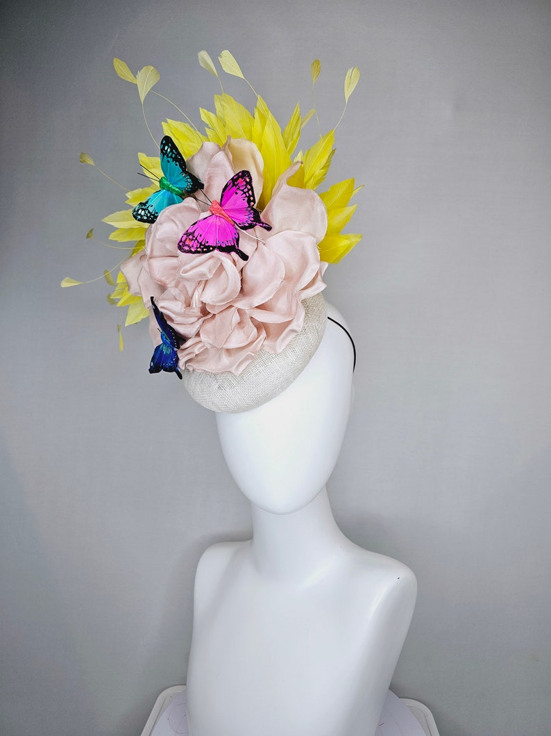 kentucky derby hat fascinator white sinamay blush large satin flower yellow feathers and rainbow pink blue green butterflies image 5