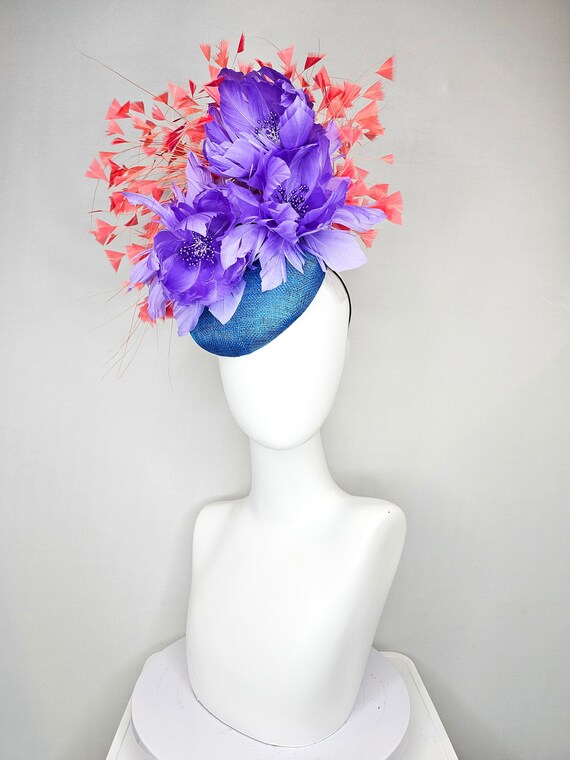 Kentucky Derby Blue Feathered Floral Fascinator Hat- Beaded Beetle Bug Statement Kentucky Derby Hat Fascinator Midnight Blue Pearl Beaded  main image 4